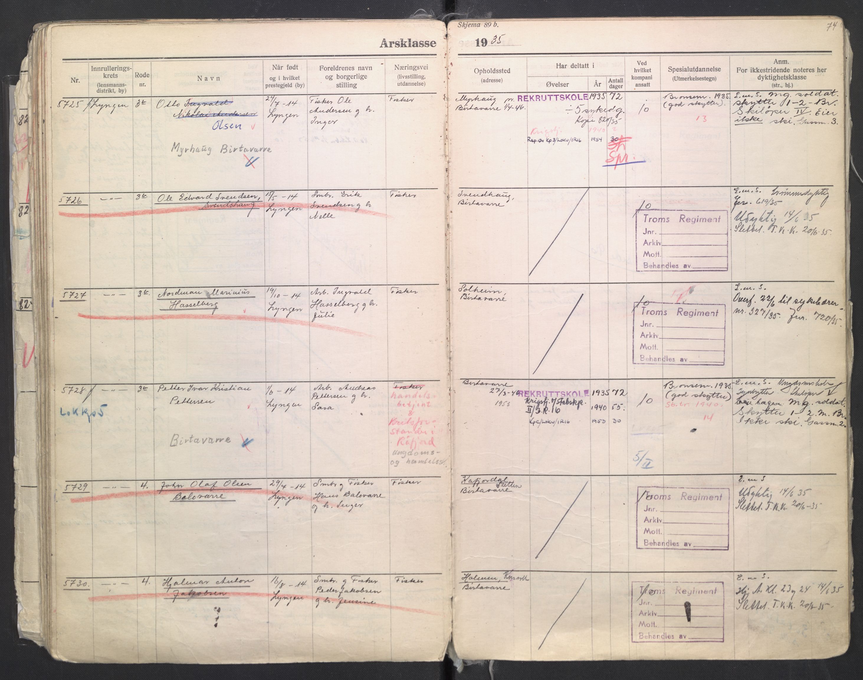 Forsvaret, Troms infanteriregiment nr. 16, AV/RA-RAFA-3146/P/Pa/L0006/0008: Ruller / Rulle for regimentets menige mannskaper, årsklasse 1935, 1935, p. 74