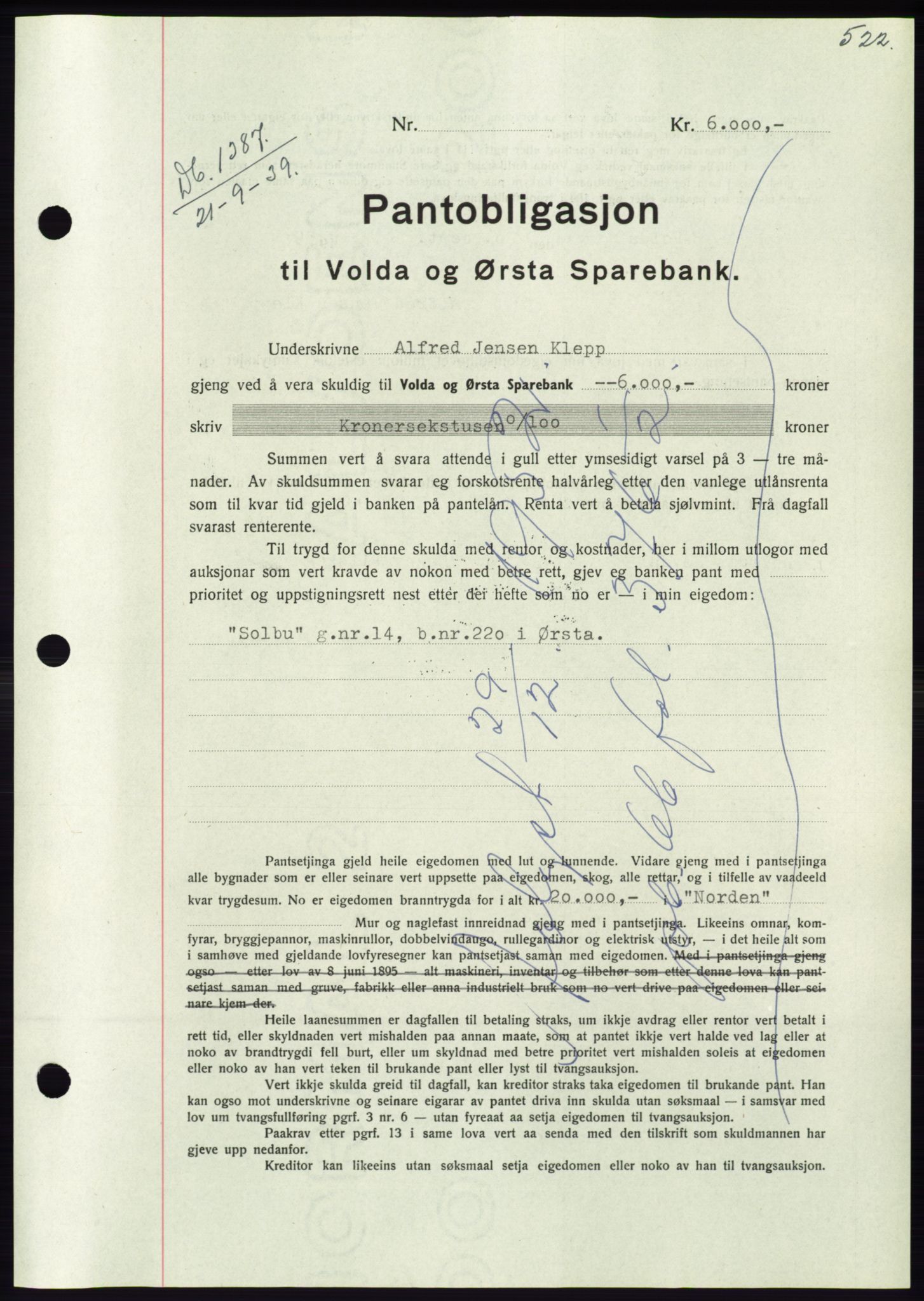 Søre Sunnmøre sorenskriveri, AV/SAT-A-4122/1/2/2C/L0068: Mortgage book no. 62, 1939-1939, Diary no: : 1387/1939