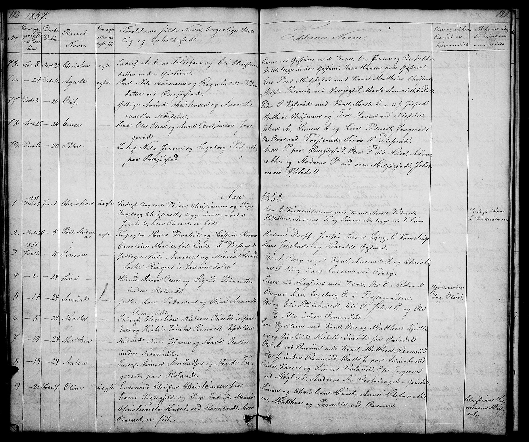 Fåberg prestekontor, SAH/PREST-086/H/Ha/Hab/L0005: Parish register (copy) no. 5, 1837-1864, p. 128-129