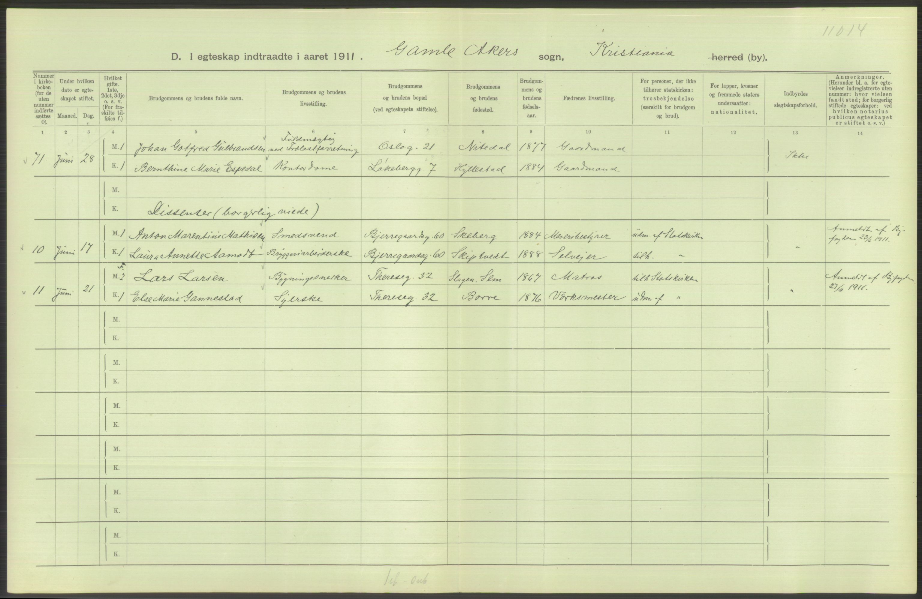 Statistisk sentralbyrå, Sosiodemografiske emner, Befolkning, AV/RA-S-2228/D/Df/Dfb/Dfba/L0008: Kristiania: Gifte, 1911, p. 636