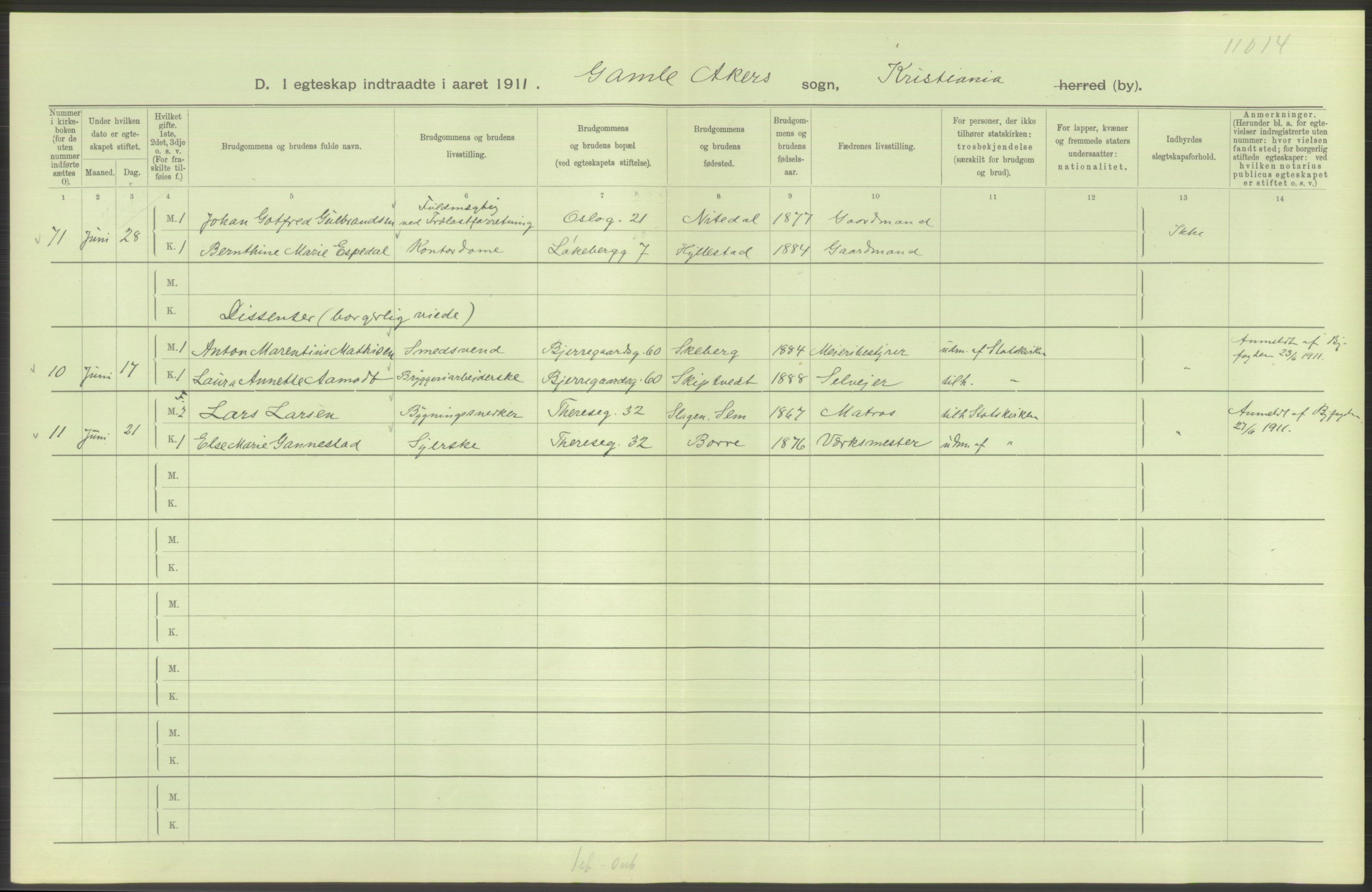 Statistisk sentralbyrå, Sosiodemografiske emner, Befolkning, RA/S-2228/D/Df/Dfb/Dfba/L0008: Kristiania: Gifte, 1911, p. 636