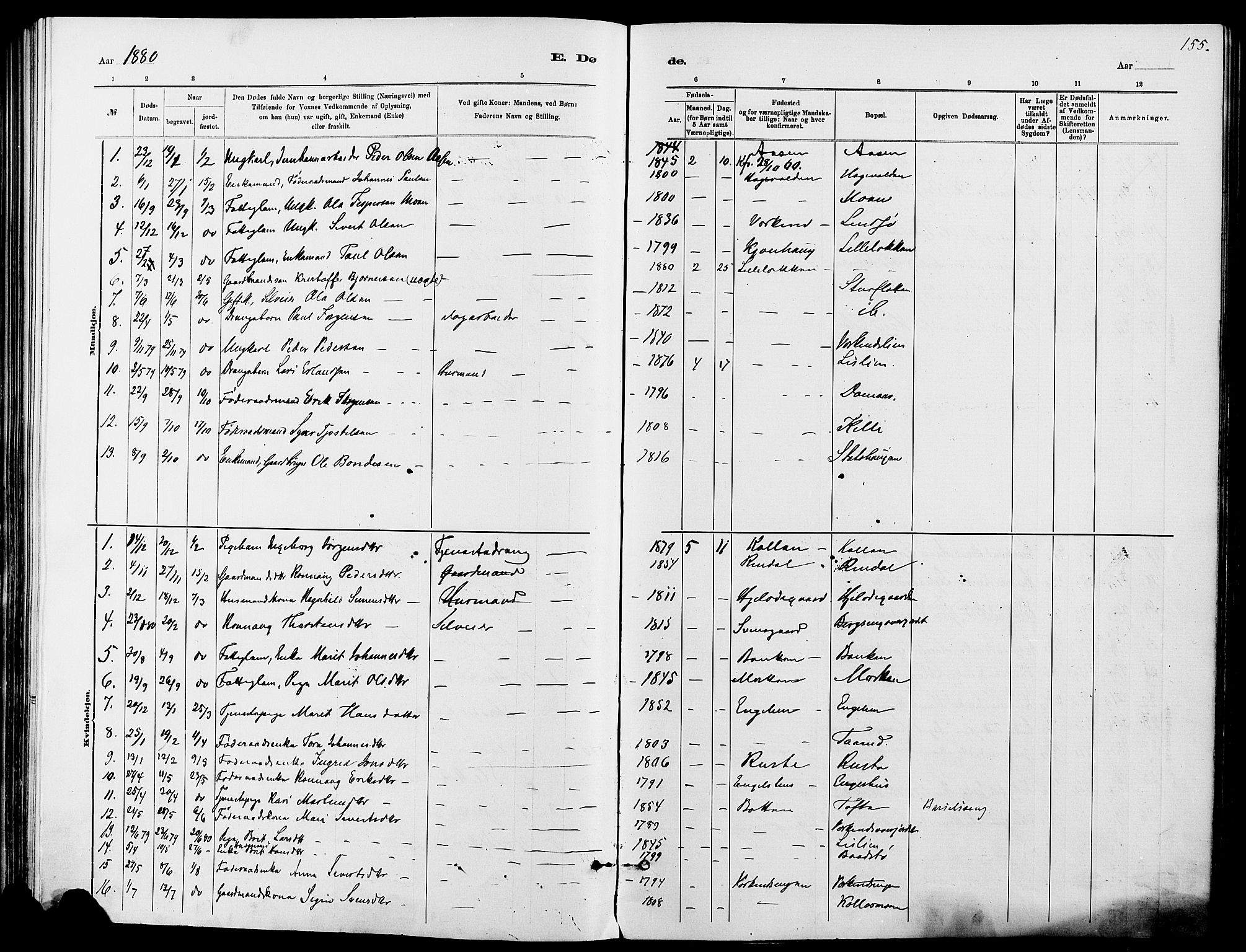 Dovre prestekontor, SAH/PREST-066/H/Ha/Haa/L0002: Parish register (official) no. 2, 1879-1890, p. 155