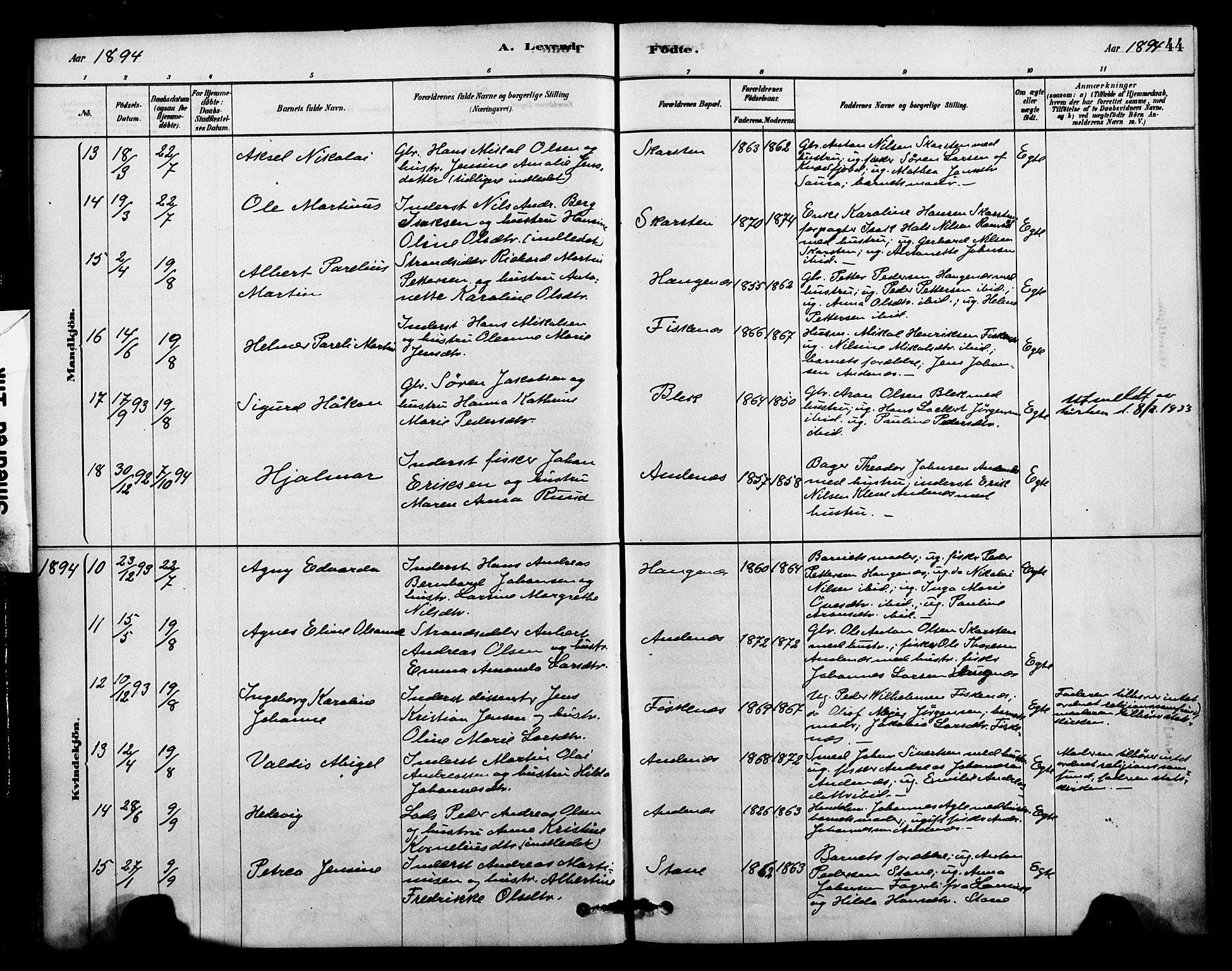 Ministerialprotokoller, klokkerbøker og fødselsregistre - Nordland, AV/SAT-A-1459/899/L1436: Parish register (official) no. 899A04, 1881-1896, p. 44