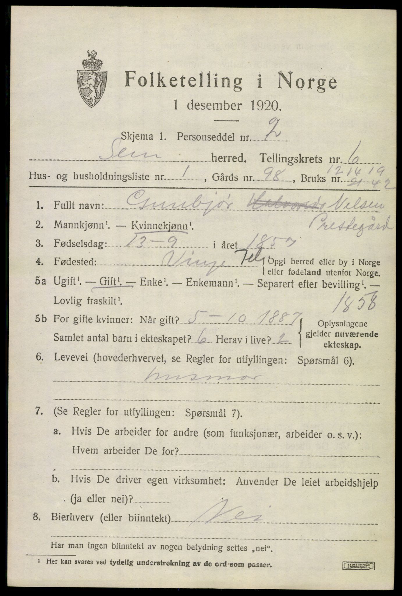 SAKO, 1920 census for Sem, 1920, p. 9589