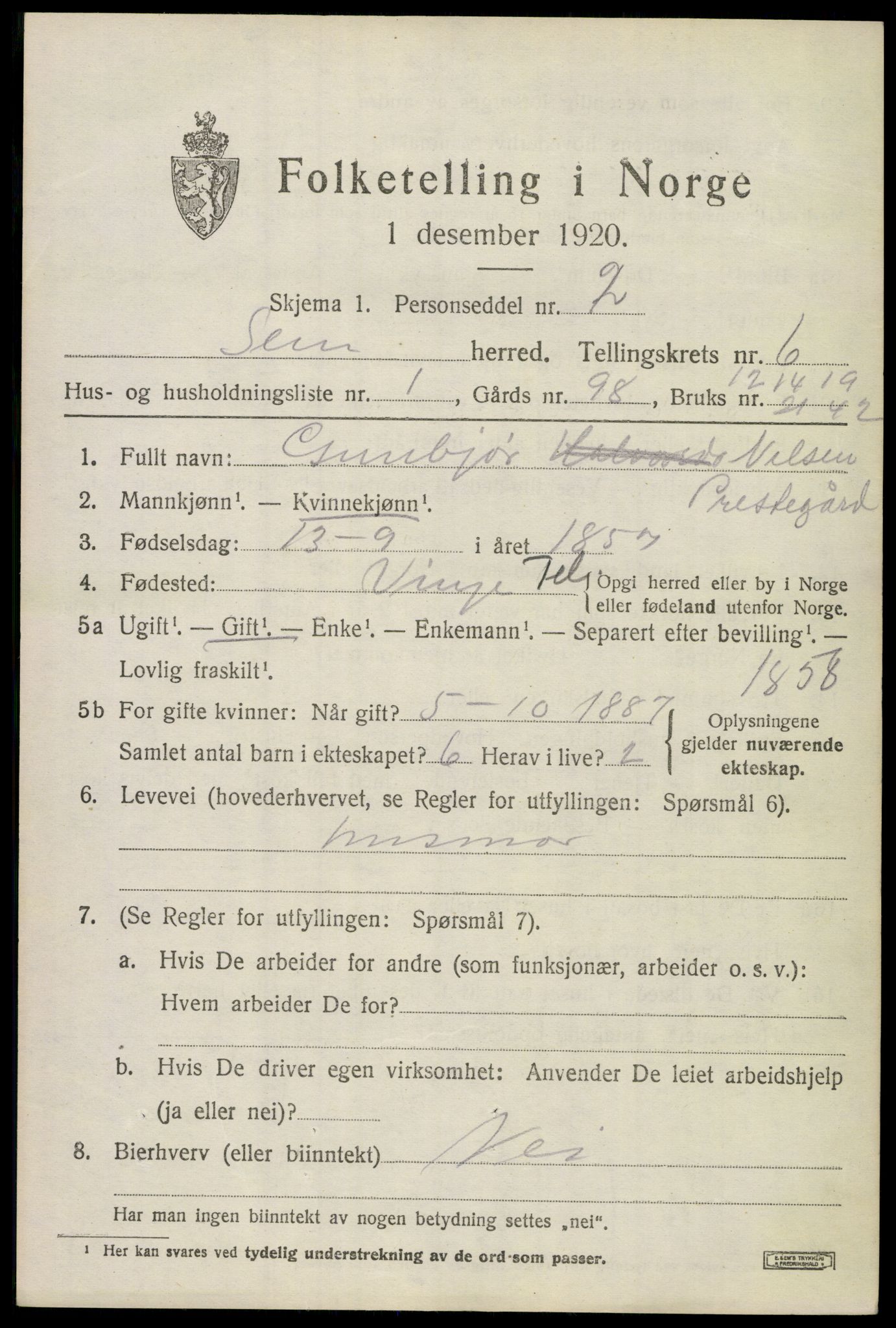 SAKO, 1920 census for Sem, 1920, p. 9589