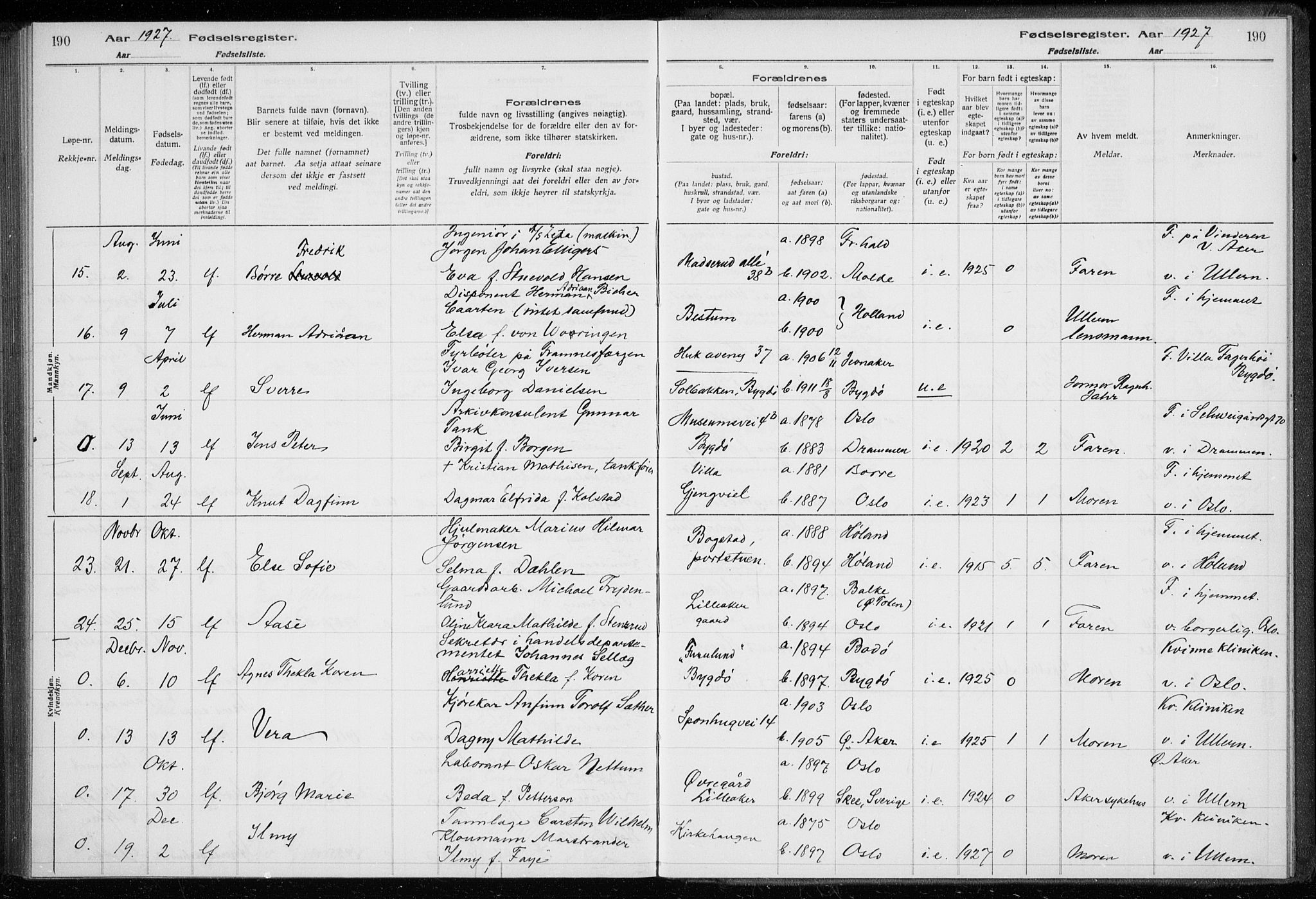 Ullern prestekontor Kirkebøker, AV/SAO-A-10740/J/L0001: Birth register no. 1, 1916-1928, p. 190