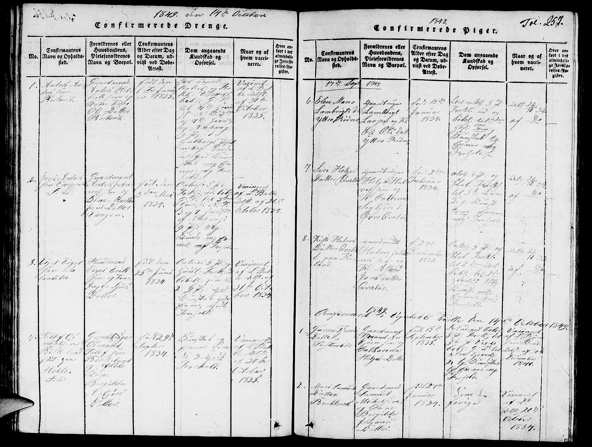 Vikedal sokneprestkontor, SAST/A-101840/01/V: Parish register (copy) no. B 3, 1816-1867, p. 257