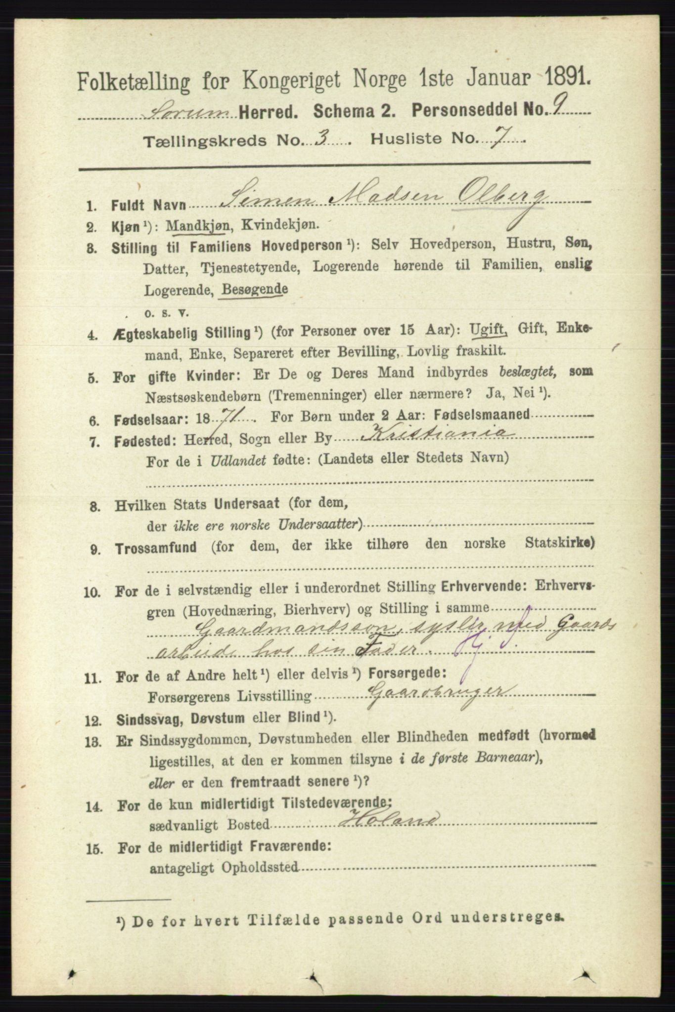 RA, 1891 census for 0226 Sørum, 1891, p. 1335