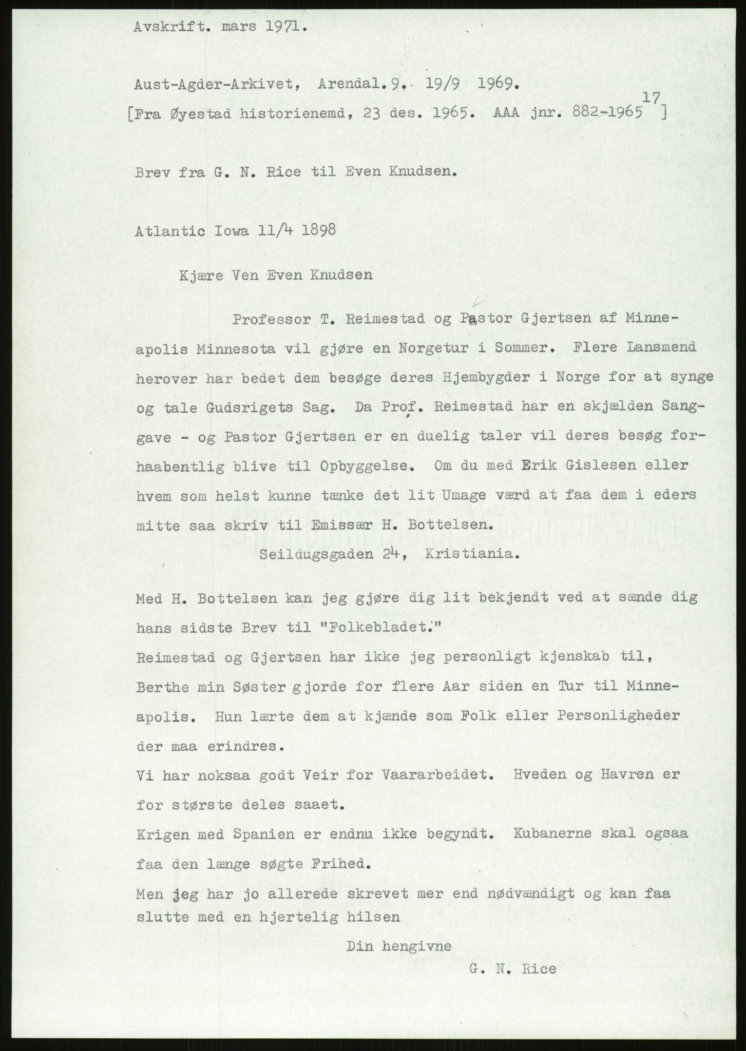 Samlinger til kildeutgivelse, Amerikabrevene, RA/EA-4057/F/L0026: Innlån fra Aust-Agder: Aust-Agder-Arkivet - Erickson, 1838-1914, p. 521