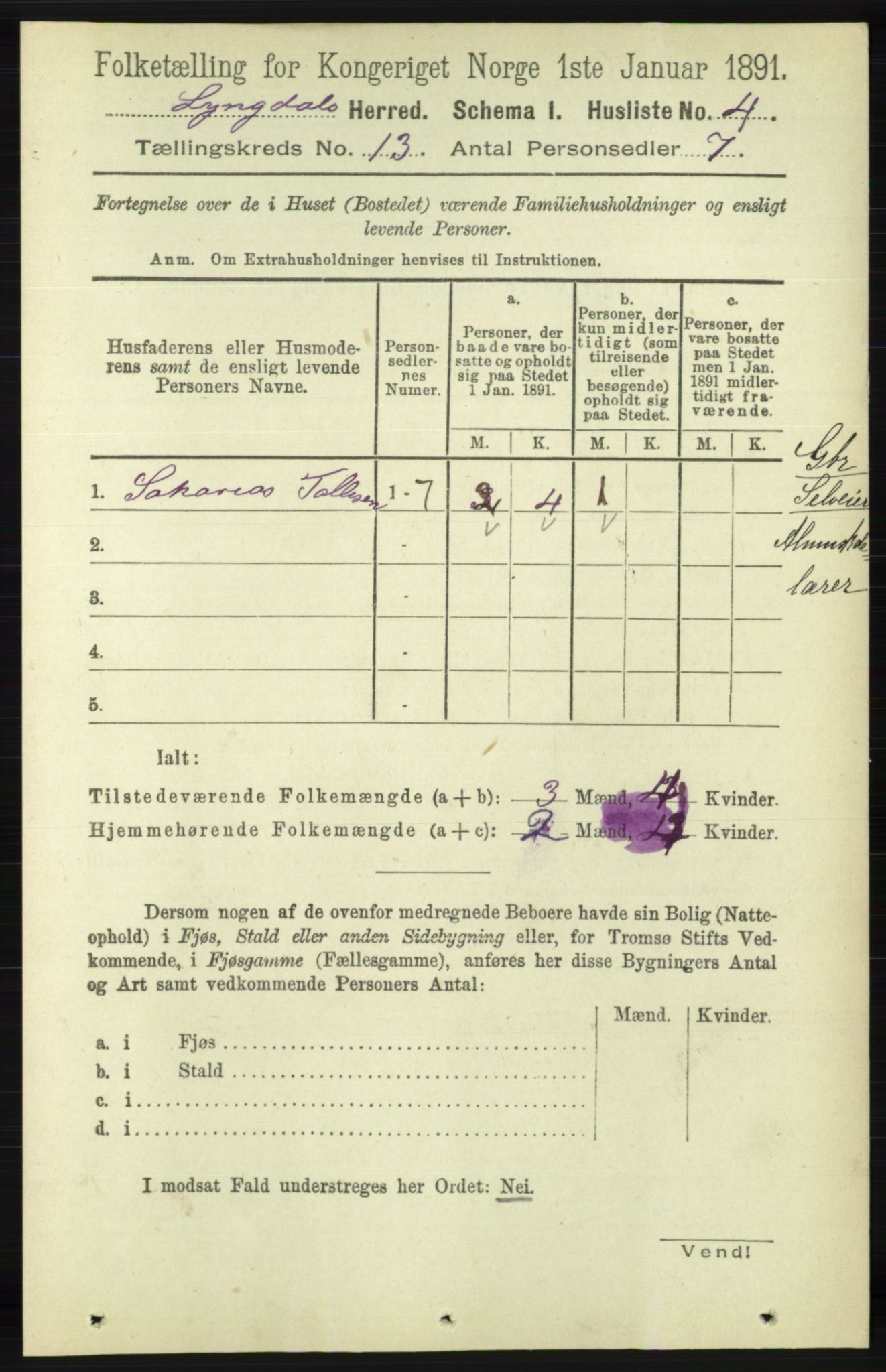 RA, 1891 census for 1032 Lyngdal, 1891, p. 5562