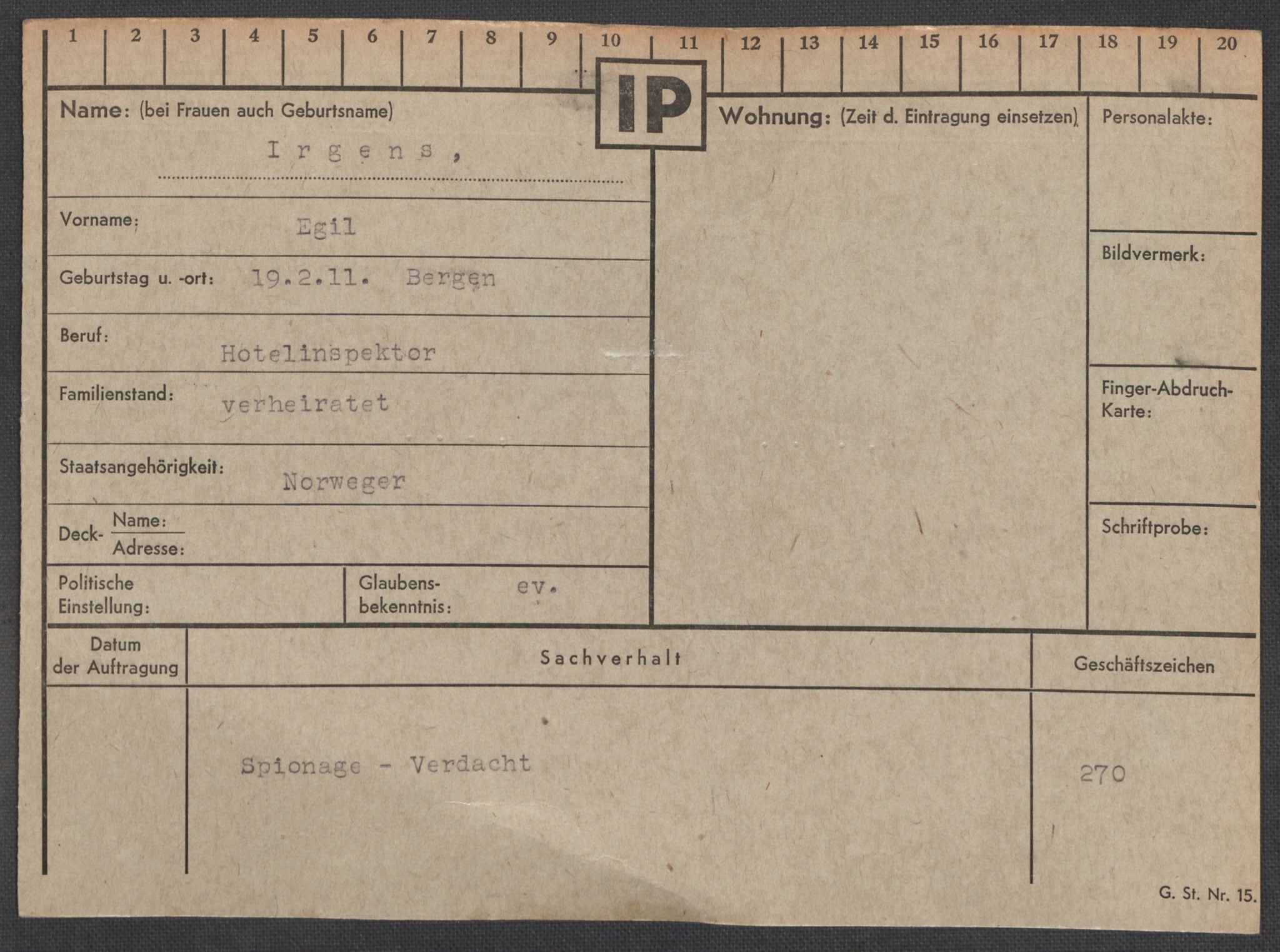 Befehlshaber der Sicherheitspolizei und des SD, RA/RAFA-5969/E/Ea/Eaa/L0005: Register over norske fanger i Møllergata 19: Hø-Kj, 1940-1945, p. 173