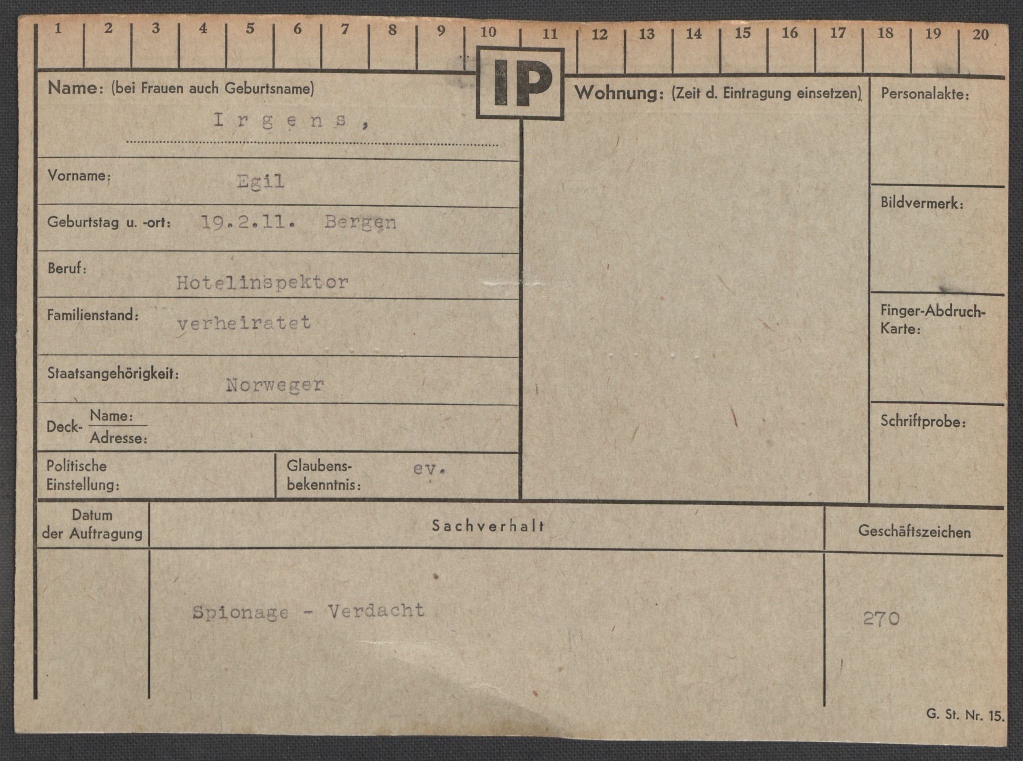 Befehlshaber der Sicherheitspolizei und des SD, AV/RA-RAFA-5969/E/Ea/Eaa/L0005: Register over norske fanger i Møllergata 19: Hø-Kj, 1940-1945, p. 173