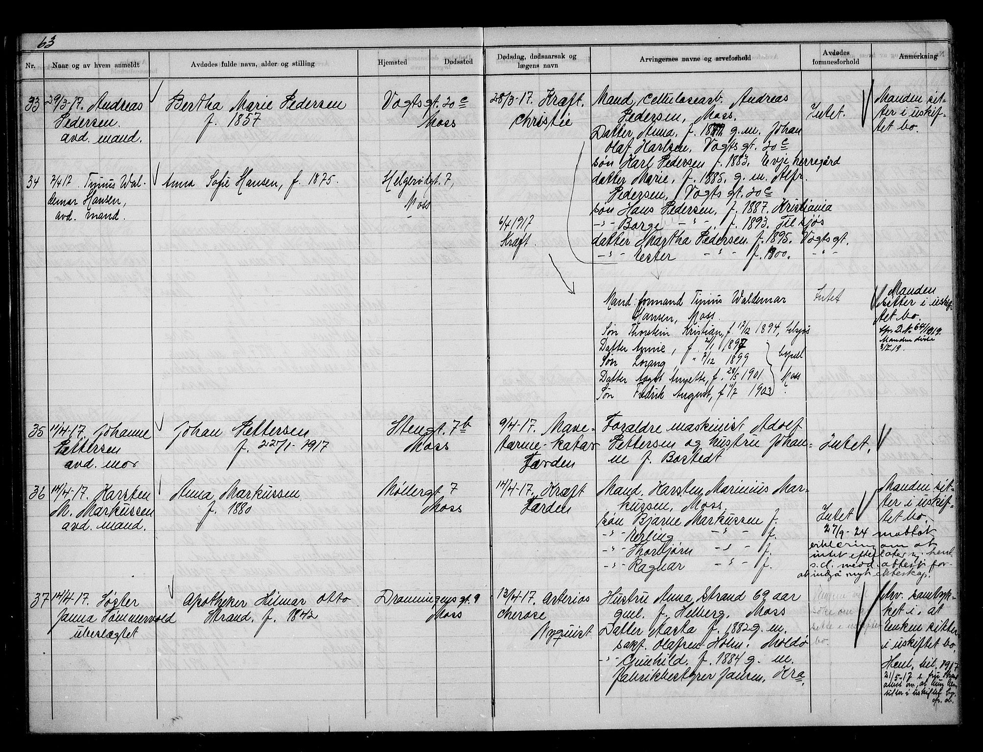 Moss byfogd, AV/SAO-A-10863/H/Ha/Hab/L0005: Dødsanmeldelsesprotokoll, 1914-1920, p. 63