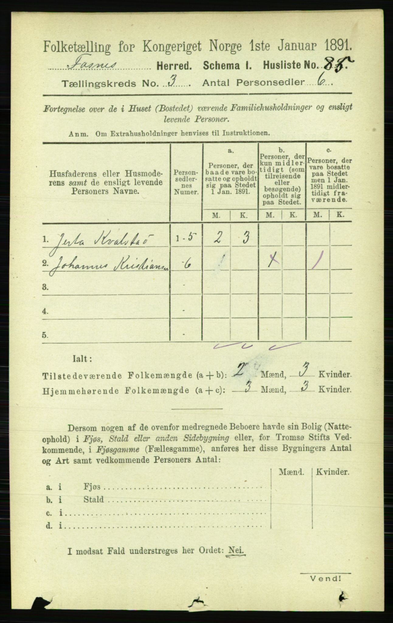 RA, 1891 census for 1748 Fosnes, 1891, p. 695