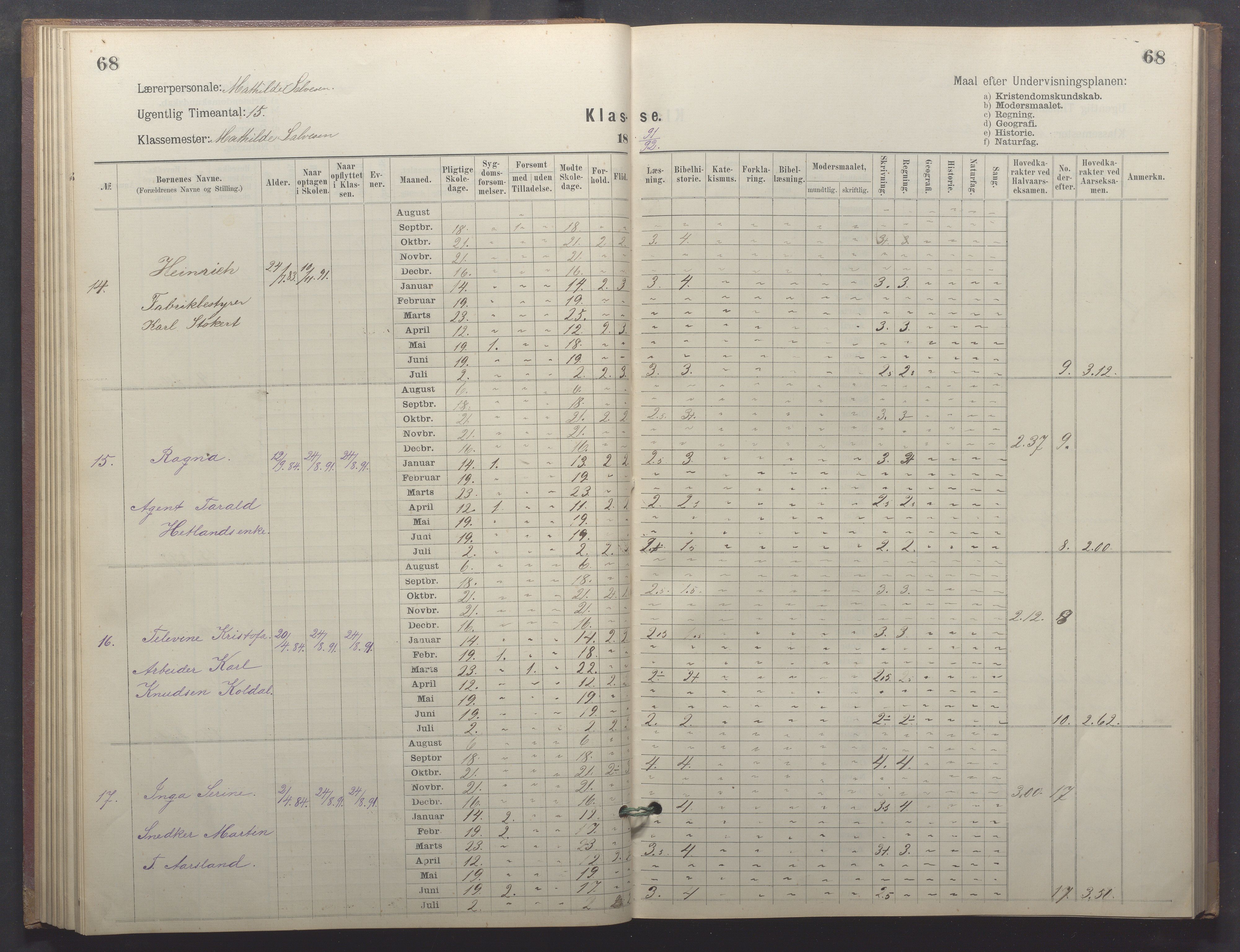 Egersund kommune (Ladested) - Egersund almueskole/folkeskole, IKAR/K-100521/H/L0026: Skoleprotokoll - Almueskolen, 1. klasse, 1889-1893, p. 68