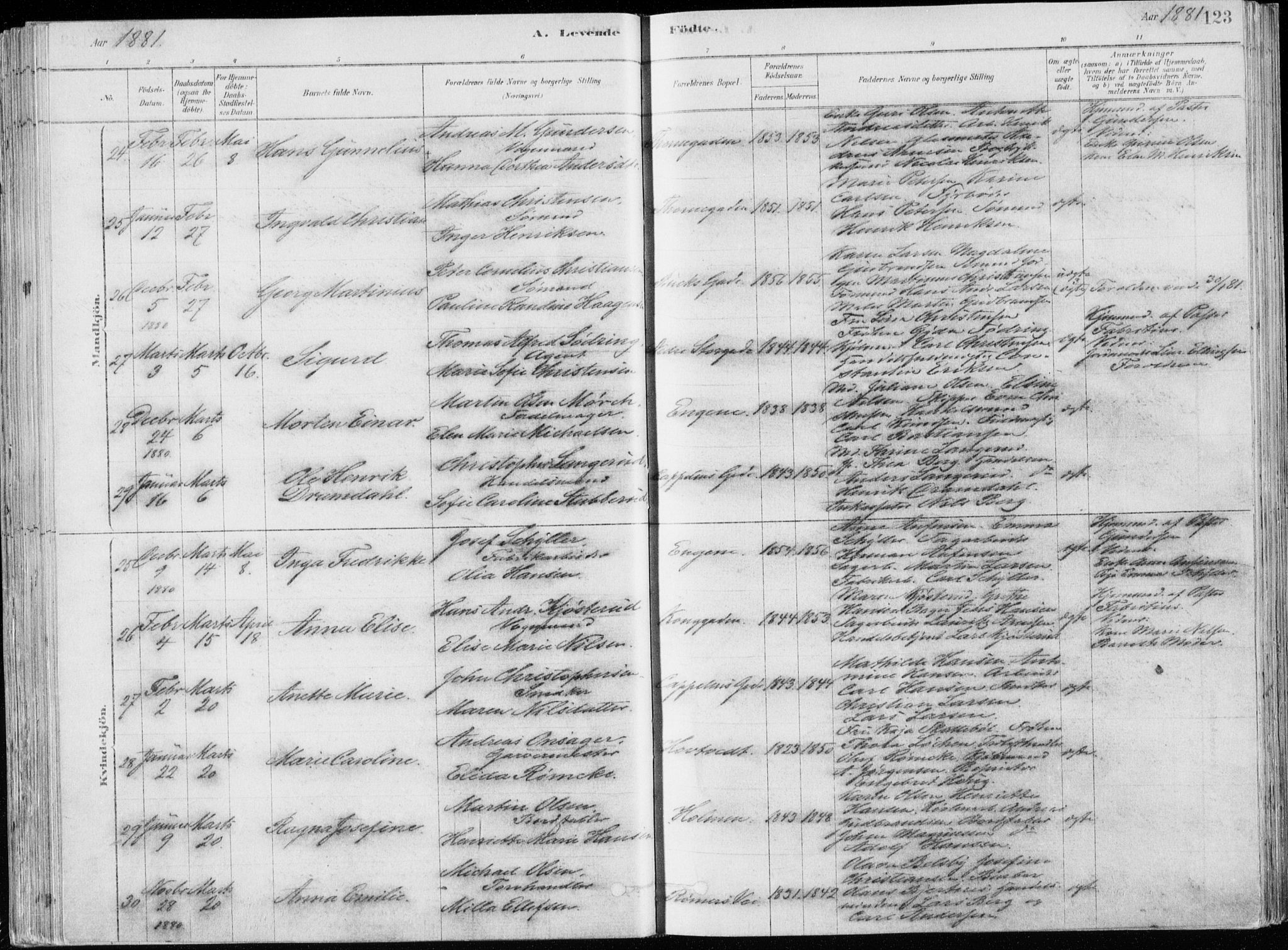 Bragernes kirkebøker, AV/SAKO-A-6/F/Fb/L0006a: Parish register (official) no. II 6A, 1878-1885, p. 123