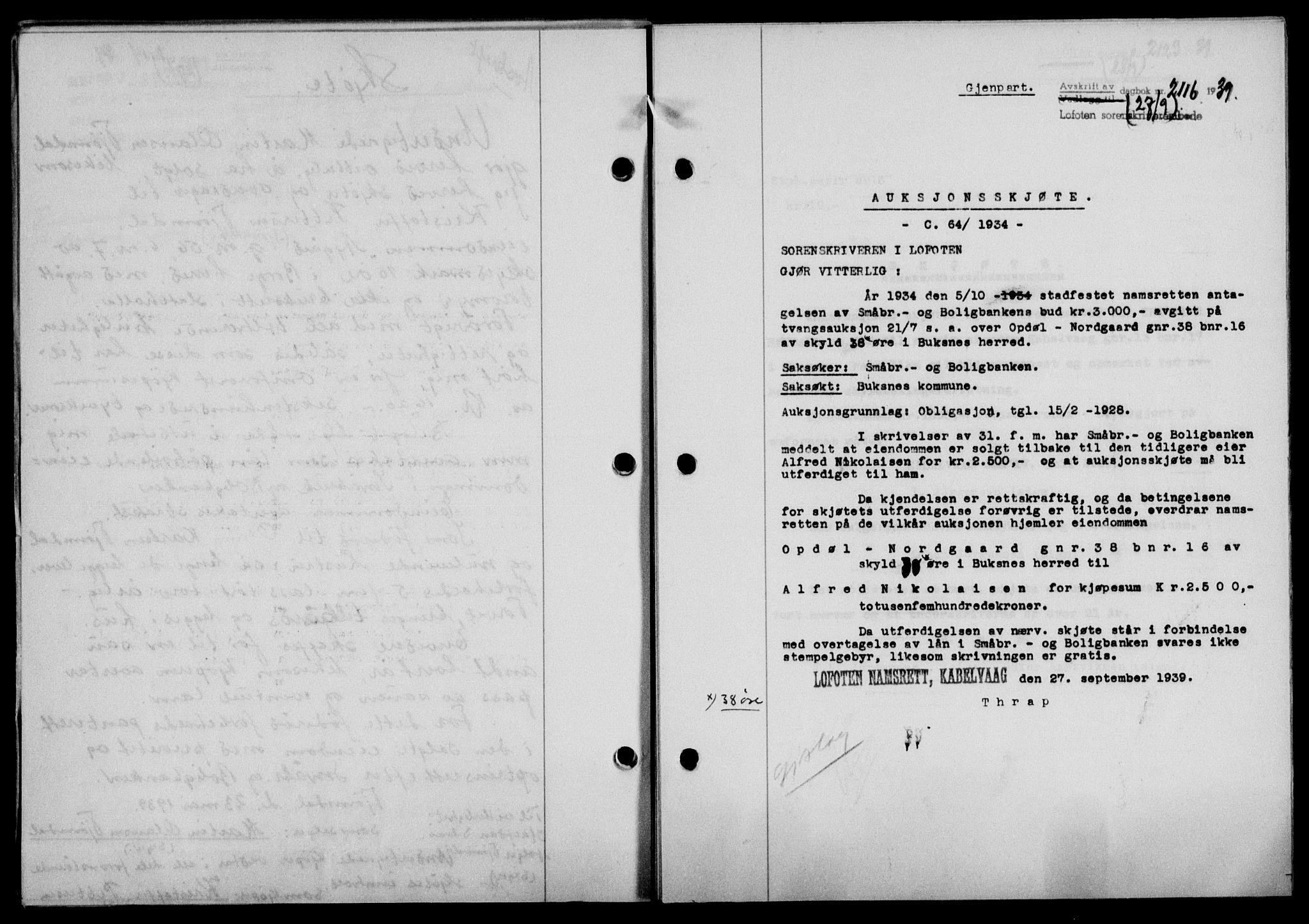 Lofoten sorenskriveri, SAT/A-0017/1/2/2C/L0006a: Mortgage book no. 6a, 1939-1939, Diary no: : 2116/1939