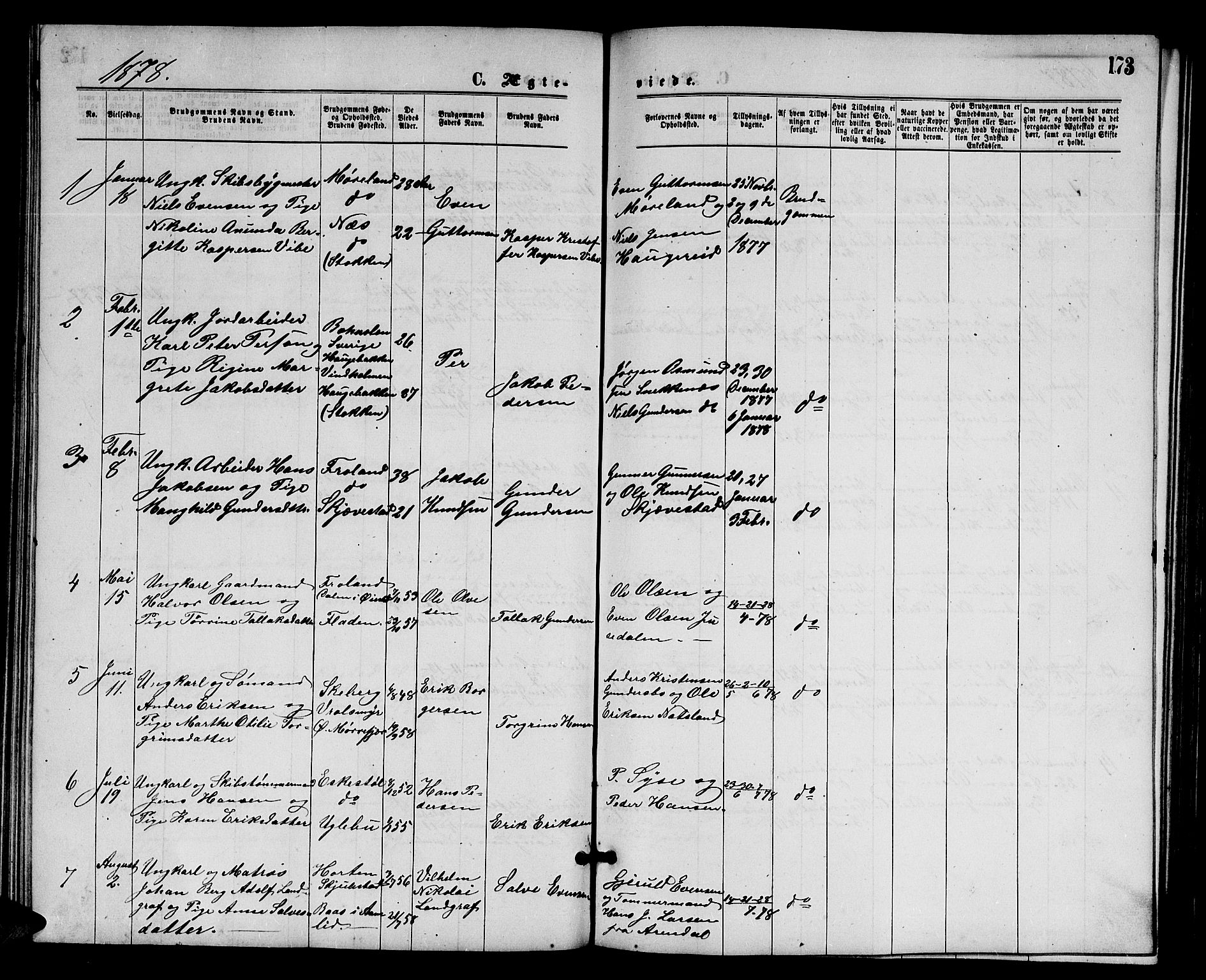 Austre Moland sokneprestkontor, SAK/1111-0001/F/Fb/Fba/L0002: Parish register (copy) no. B 2, 1869-1879, p. 173
