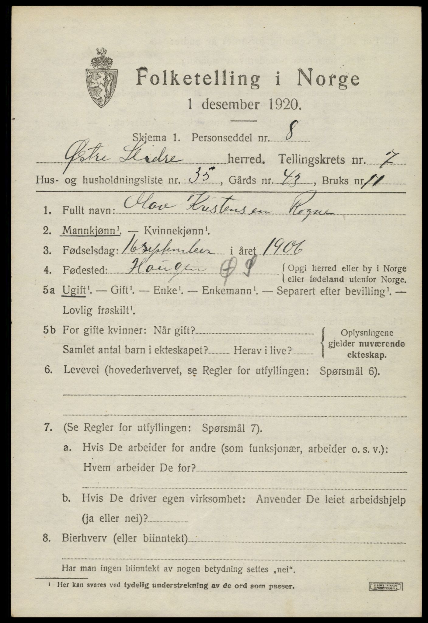 SAH, 1920 census for Øystre Slidre, 1920, p. 4405