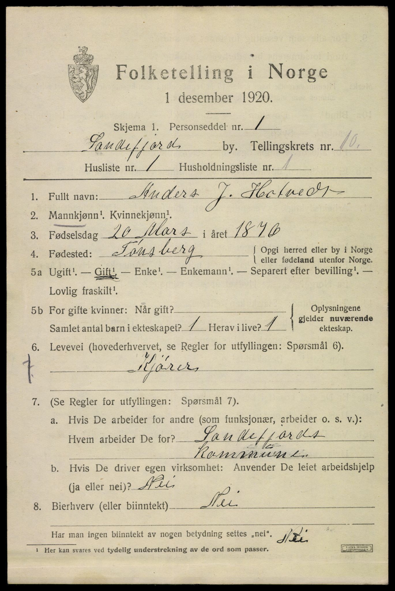 SAKO, 1920 census for Sandefjord, 1920, p. 14056