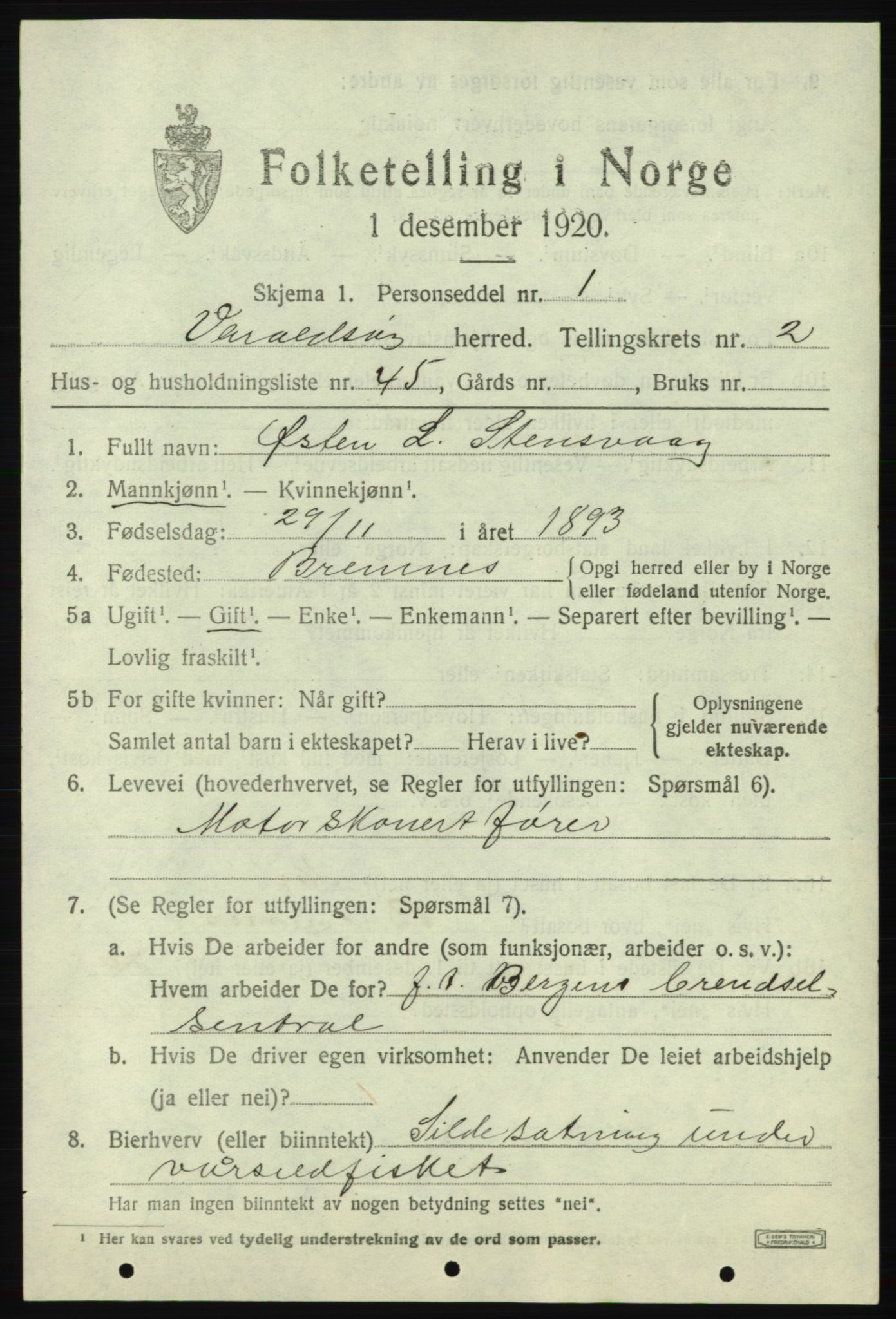 SAB, 1920 census for Varaldsøy, 1920, p. 1255