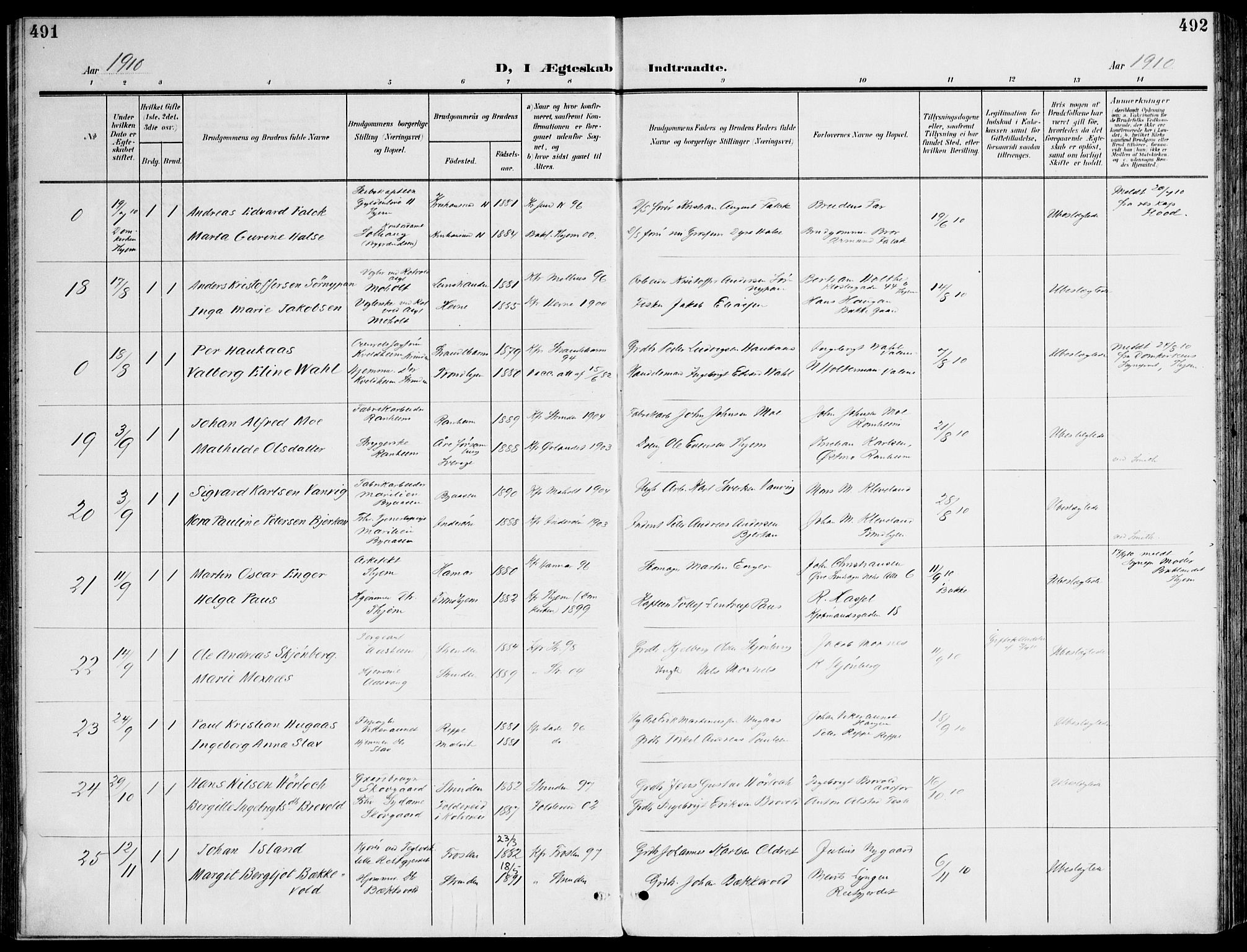 Ministerialprotokoller, klokkerbøker og fødselsregistre - Sør-Trøndelag, SAT/A-1456/607/L0320: Parish register (official) no. 607A04, 1907-1915, p. 491-492