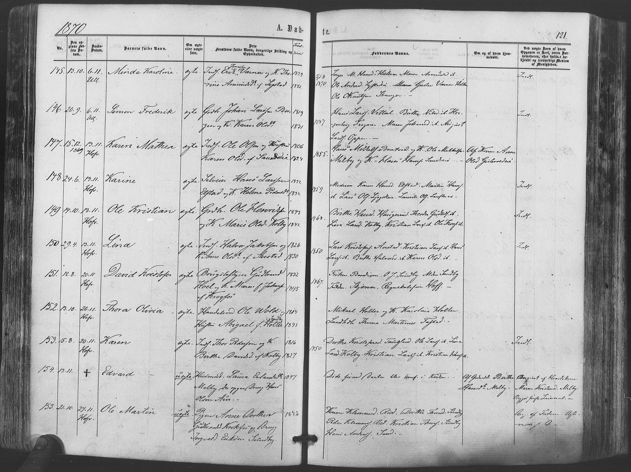 Ullensaker prestekontor Kirkebøker, AV/SAO-A-10236a/F/Fa/L0016: Parish register (official) no. I 16, 1863-1875, p. 121