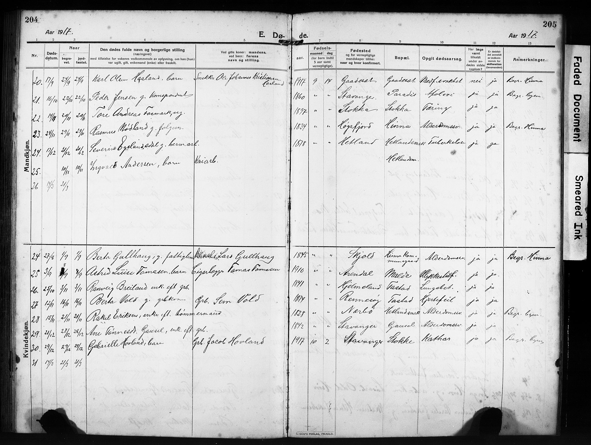 Hetland sokneprestkontor, AV/SAST-A-101826/30/30BB/L0009: Parish register (copy) no. B 9, 1910-1931, p. 204-205