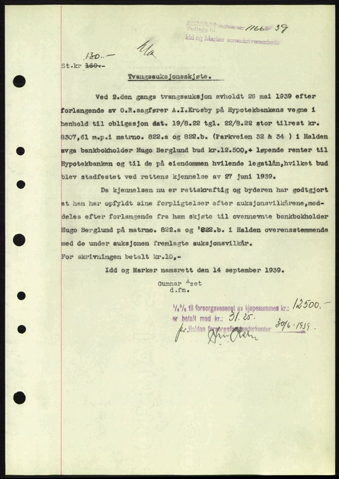 Idd og Marker sorenskriveri, AV/SAO-A-10283/G/Gb/Gbb/L0003: Mortgage book no. A3, 1938-1939, Diary no: : 1166/1939