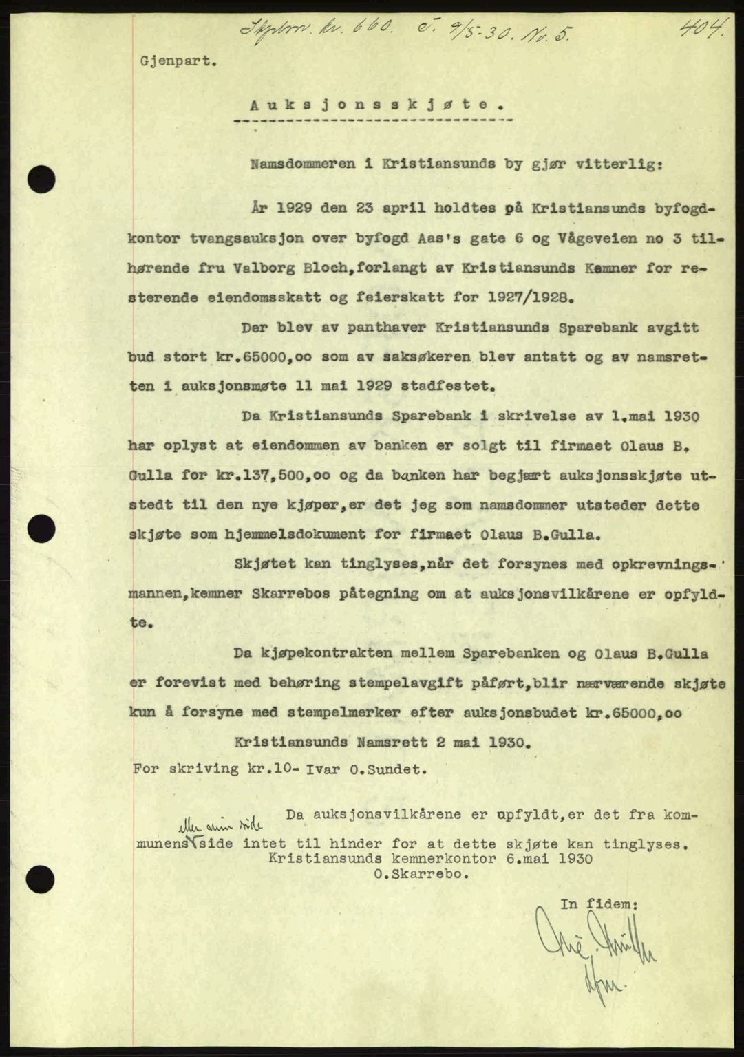 Kristiansund byfogd, AV/SAT-A-4587/A/27: Mortgage book no. 23, 1929-1930, Deed date: 09.05.1930
