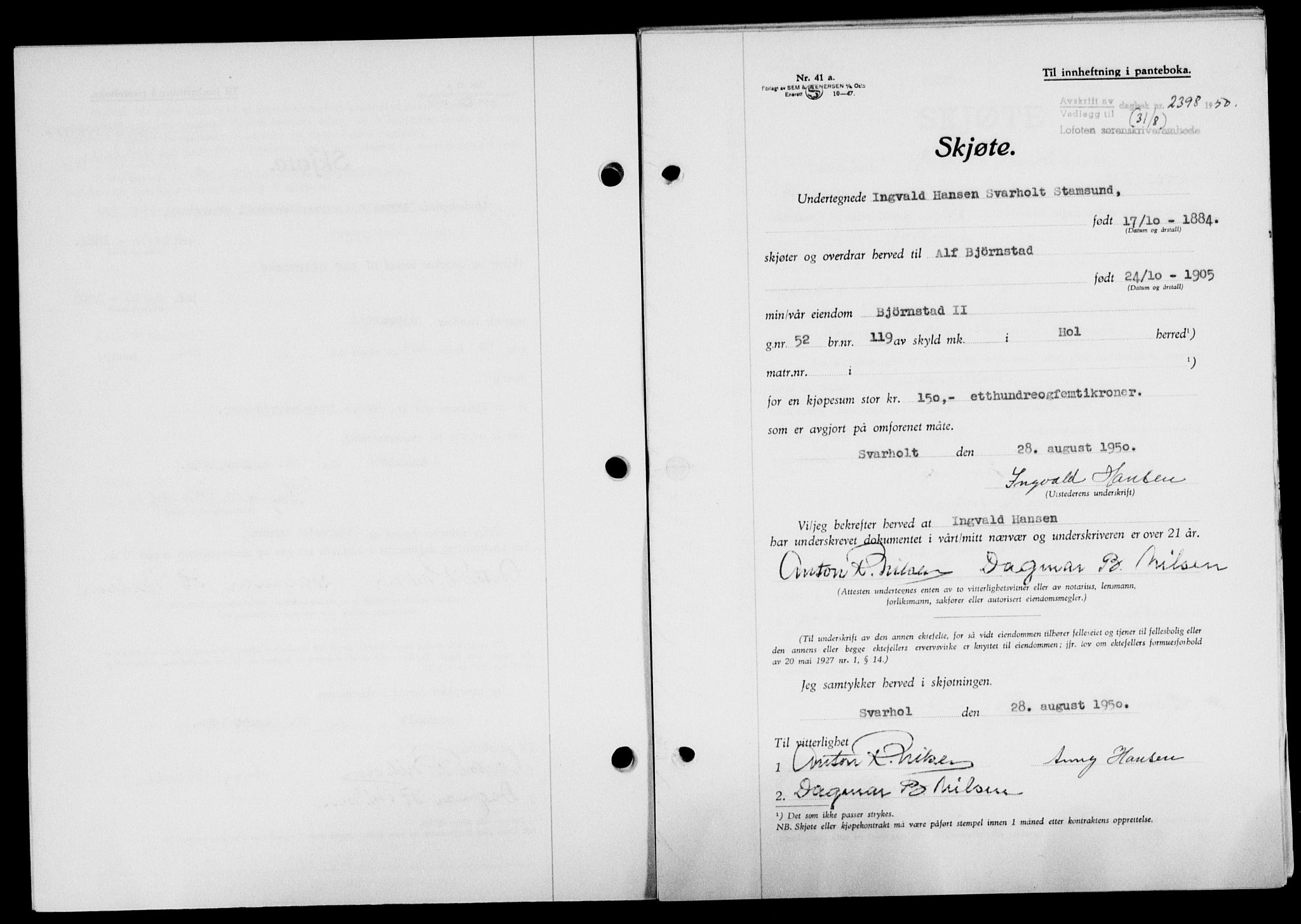 Lofoten sorenskriveri, SAT/A-0017/1/2/2C/L0024a: Mortgage book no. 24a, 1950-1950, Diary no: : 2398/1950