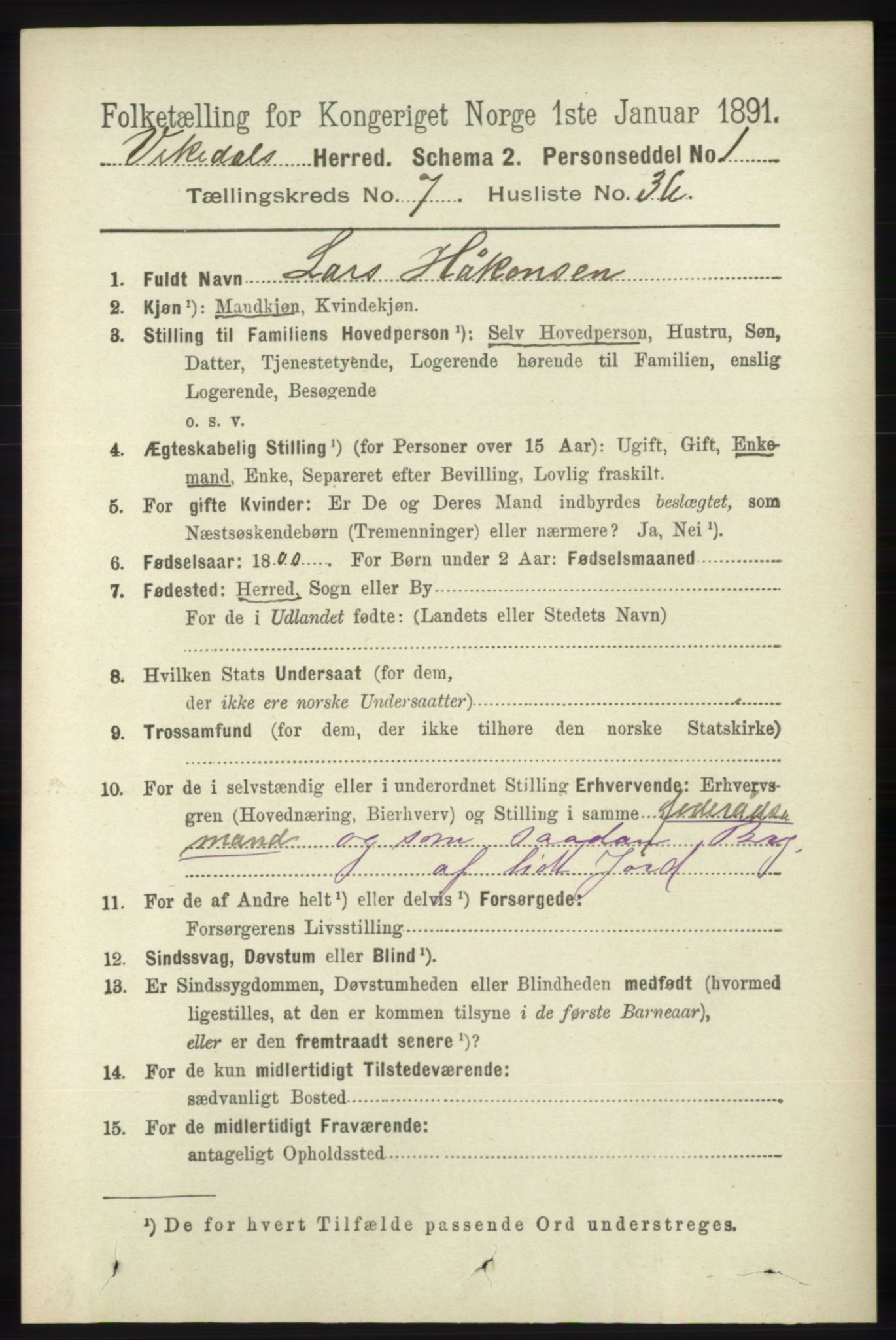 RA, 1891 census for 1157 Vikedal, 1891, p. 2185