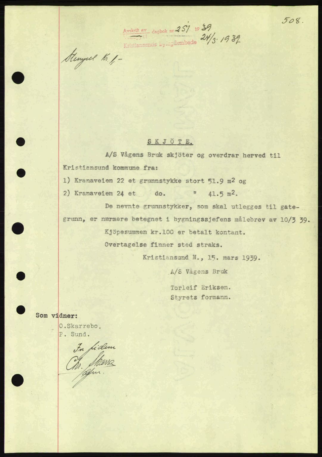 Kristiansund byfogd, AV/SAT-A-4587/A/27: Mortgage book no. 30, 1936-1941, Diary no: : 251/1939