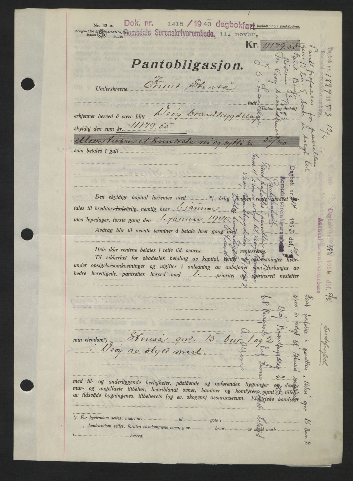 Romsdal sorenskriveri, AV/SAT-A-4149/1/2/2C: Mortgage book no. B2, 1939-1945, Diary no: : 1415/1940