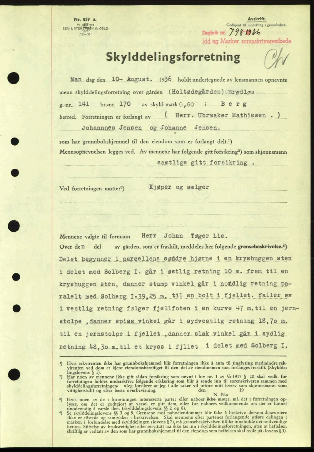 Idd og Marker sorenskriveri, AV/SAO-A-10283/G/Gb/Gbb/L0001: Mortgage book no. A1, 1936-1937, Diary no: : 798/1936