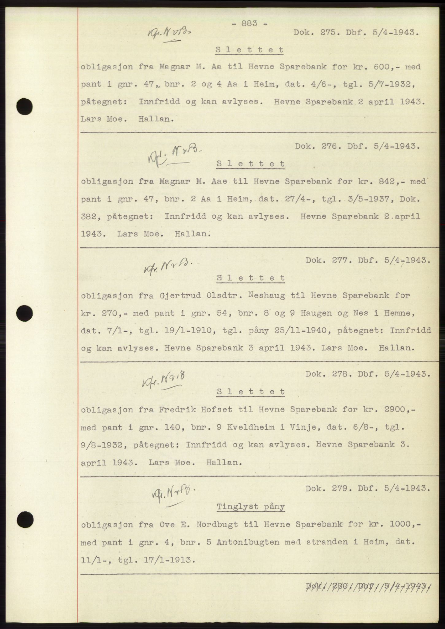 Hitra sorenskriveri, AV/SAT-A-0018/2/2C/2Ca: Mortgage book no. C1, 1936-1945, Diary no: : 275/1943