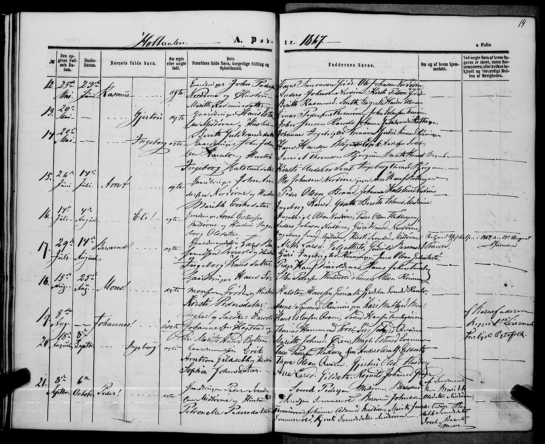 Ministerialprotokoller, klokkerbøker og fødselsregistre - Sør-Trøndelag, SAT/A-1456/685/L0966: Parish register (official) no. 685A07 /1, 1860-1869, p. 14