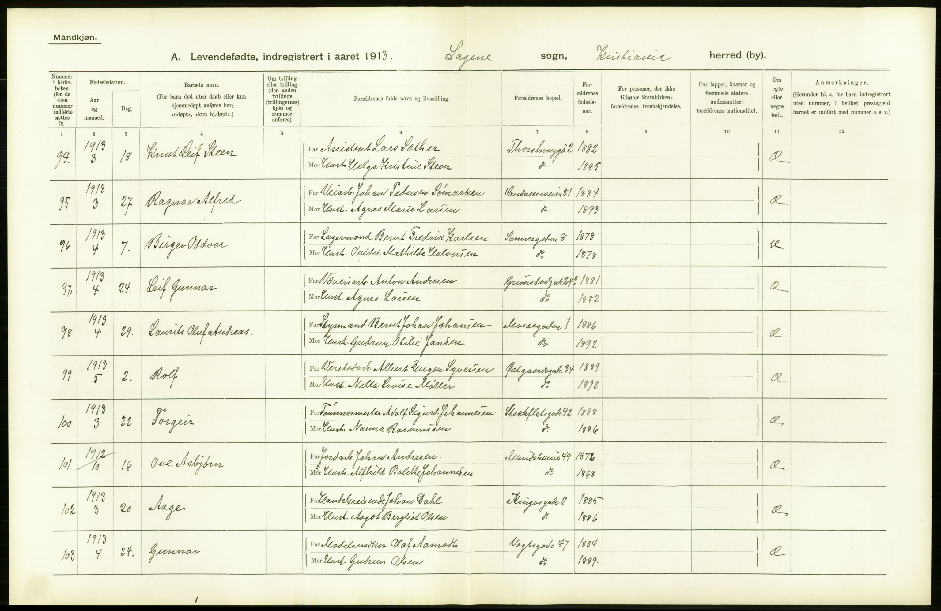 Statistisk sentralbyrå, Sosiodemografiske emner, Befolkning, AV/RA-S-2228/D/Df/Dfb/Dfbc/L0006: Kristiania: Levendefødte menn og kvinner., 1913, p. 42