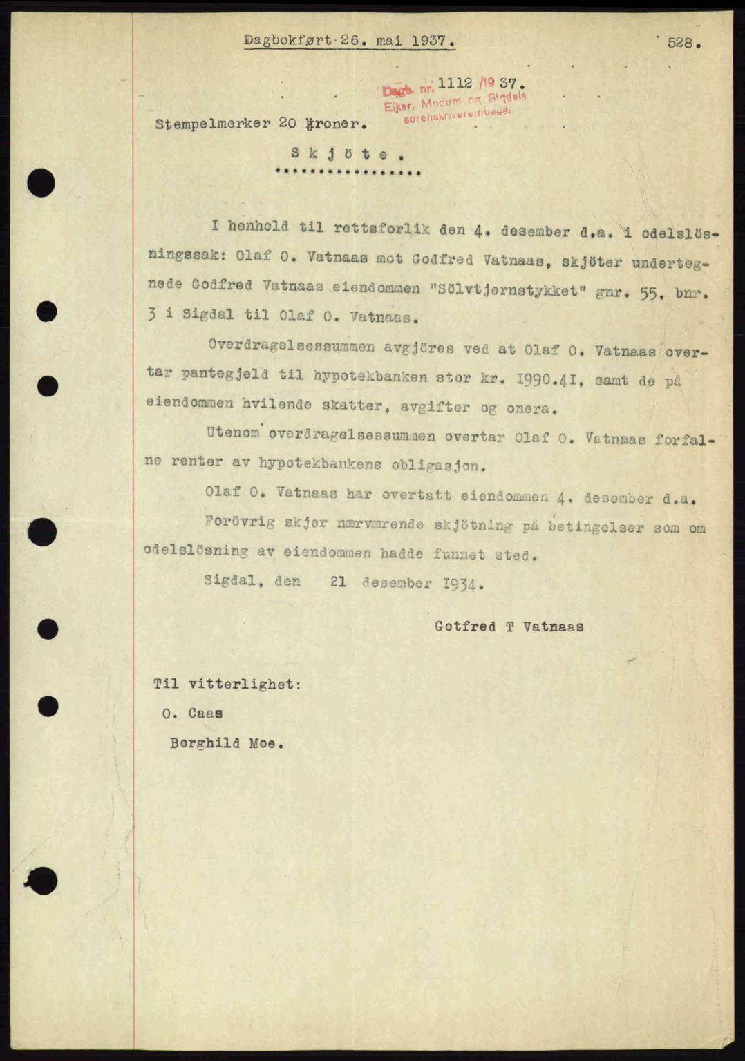 Eiker, Modum og Sigdal sorenskriveri, SAKO/A-123/G/Ga/Gab/L0035: Mortgage book no. A5, 1937-1937, Diary no: : 1112/1937