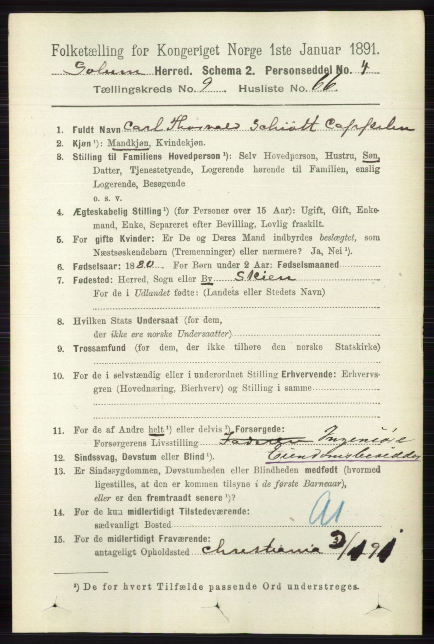 RA, 1891 census for 0818 Solum, 1891, p. 2422