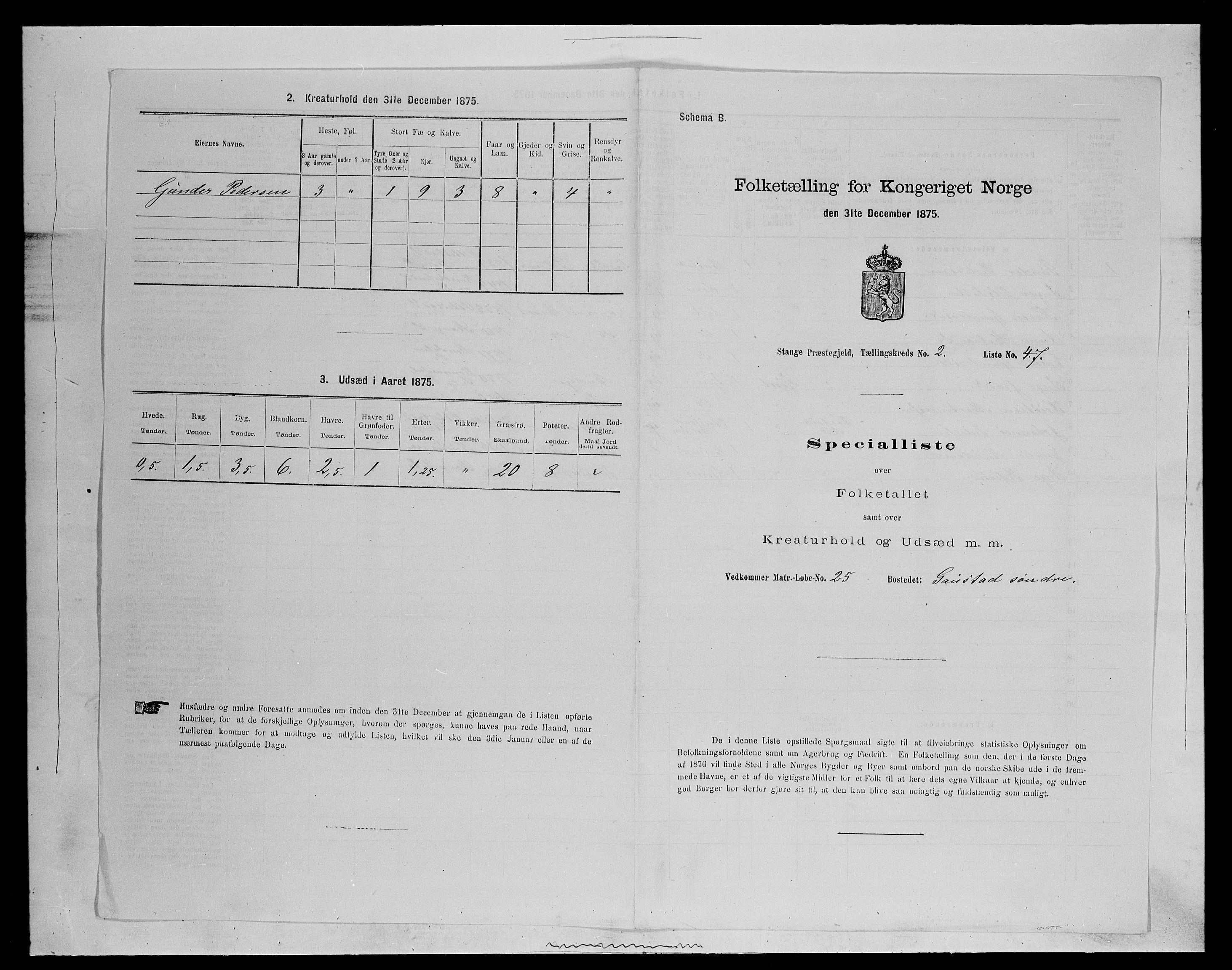 SAH, 1875 census for 0417P Stange, 1875, p. 374