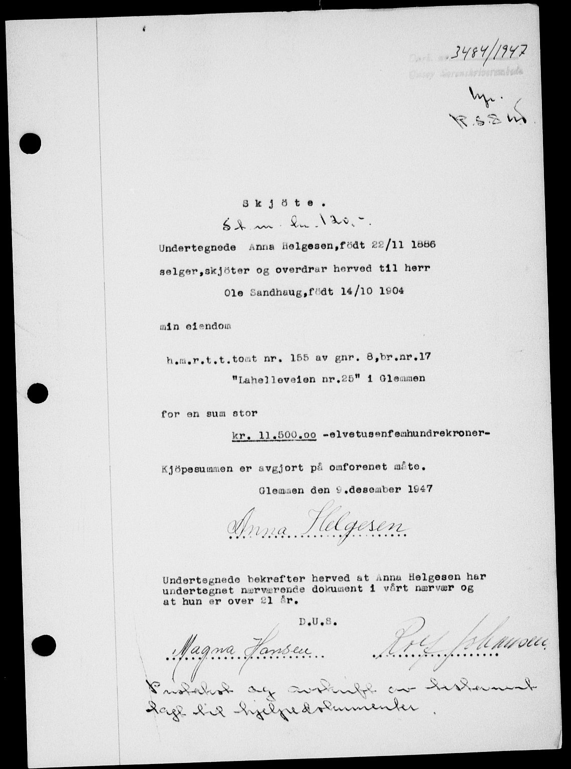 Onsøy sorenskriveri, SAO/A-10474/G/Ga/Gab/L0022: Mortgage book no. II A-22, 1947-1948, Diary no: : 3484/1947