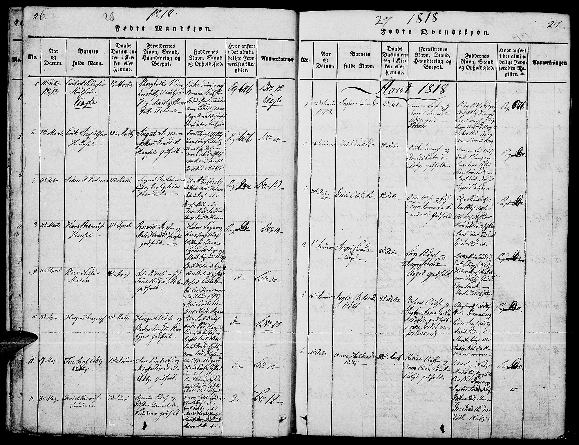 Tynset prestekontor, AV/SAH-PREST-058/H/Ha/Hab/L0001: Parish register (copy) no. 1, 1814-1859, p. 26-27