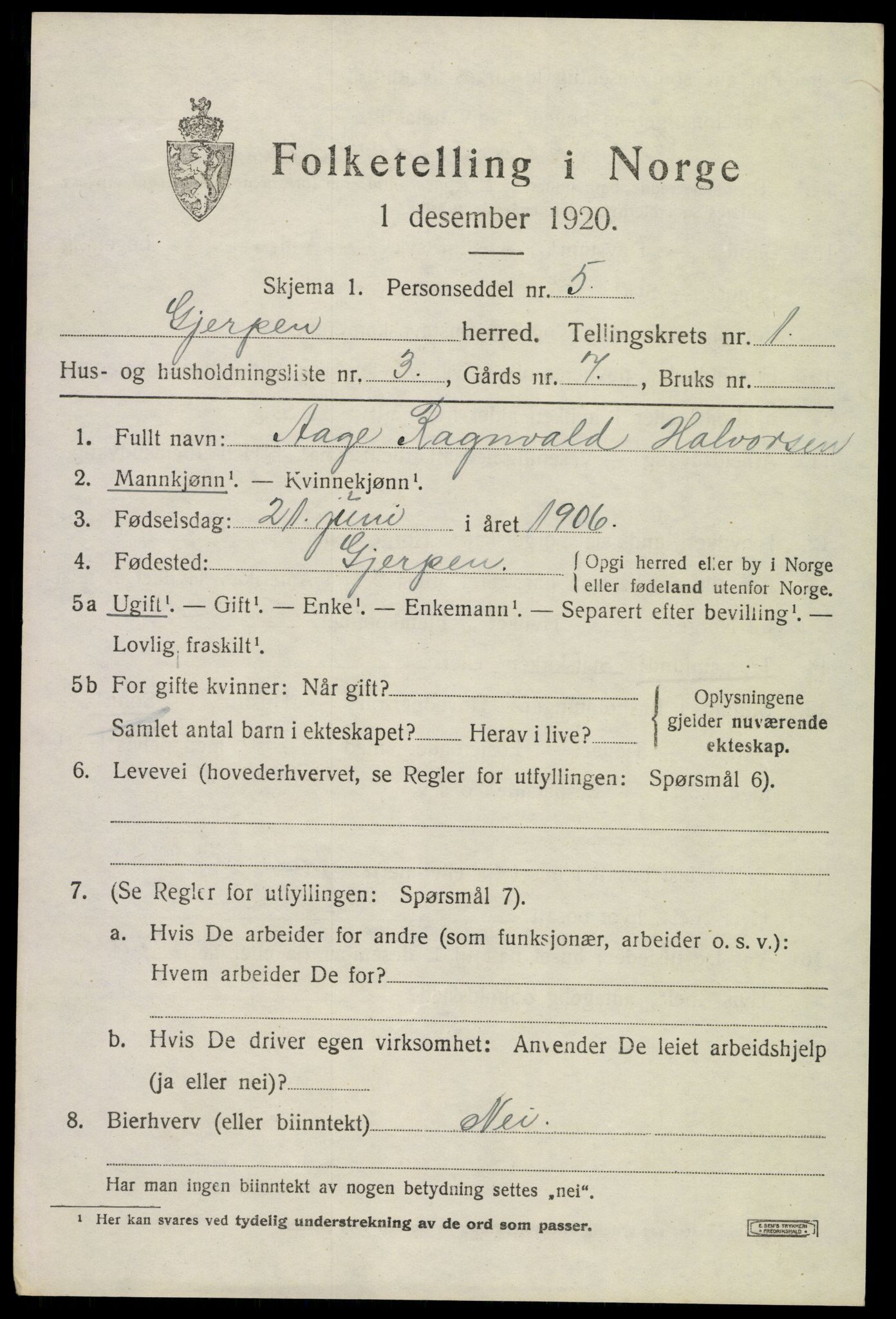 SAKO, 1920 census for Gjerpen, 1920, p. 2720
