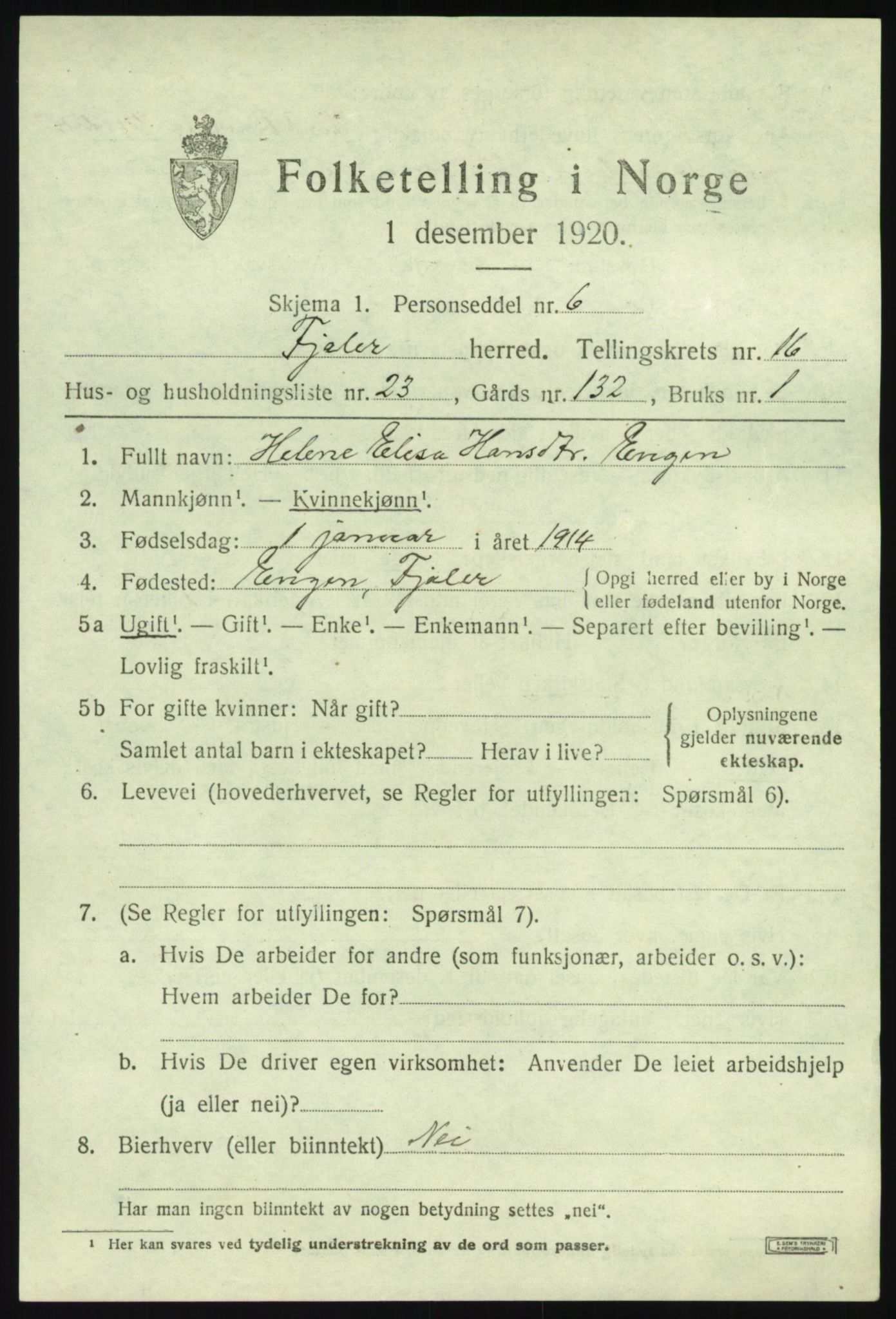 SAB, 1920 census for Fjaler, 1920, p. 8687