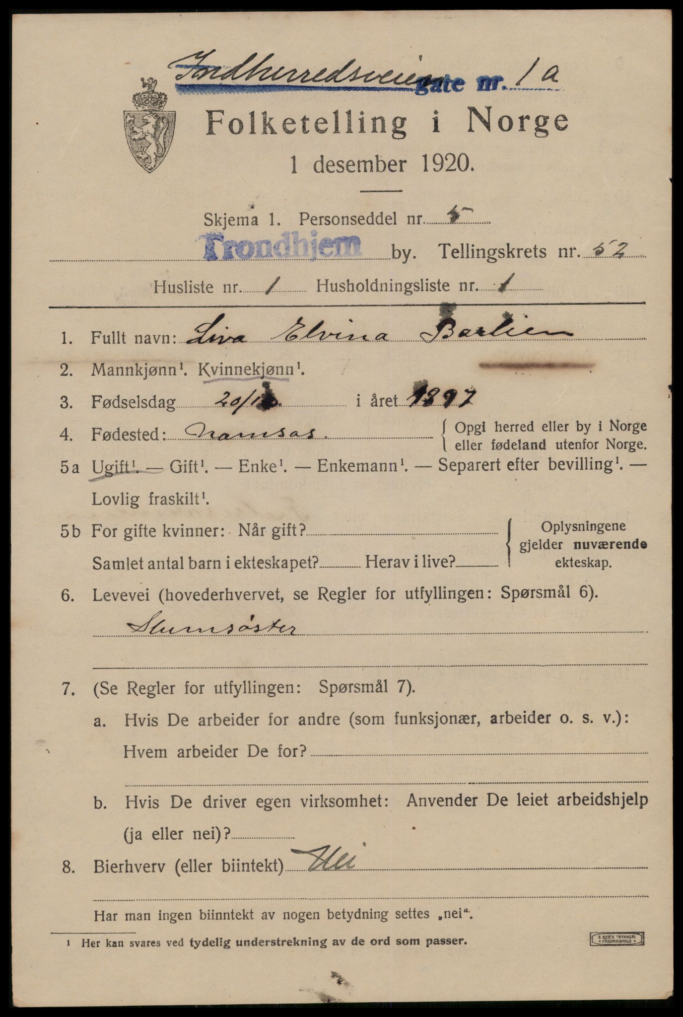 SAT, 1920 census for Trondheim, 1920, p. 106508