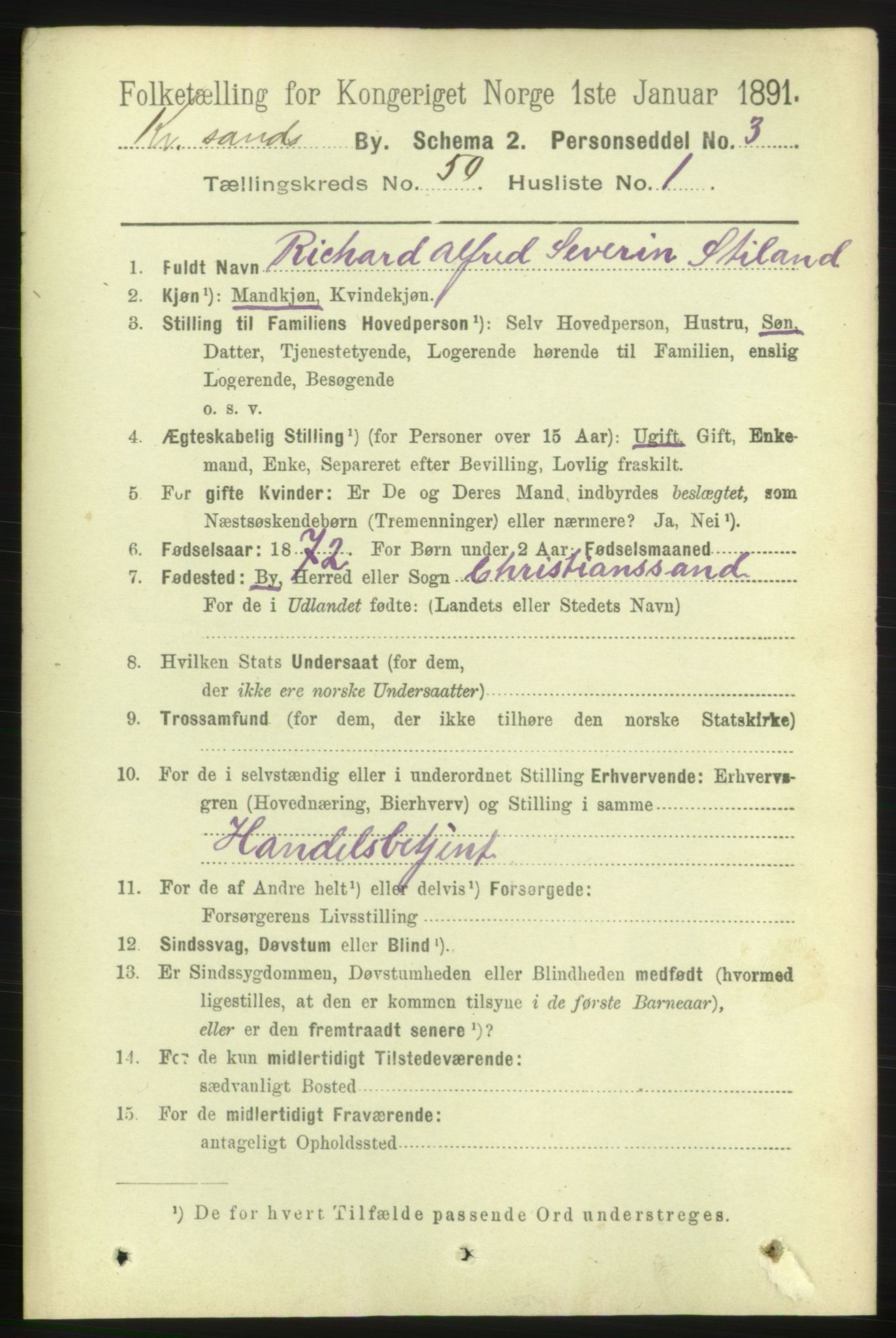 RA, 1891 census for 1001 Kristiansand, 1891, p. 14888