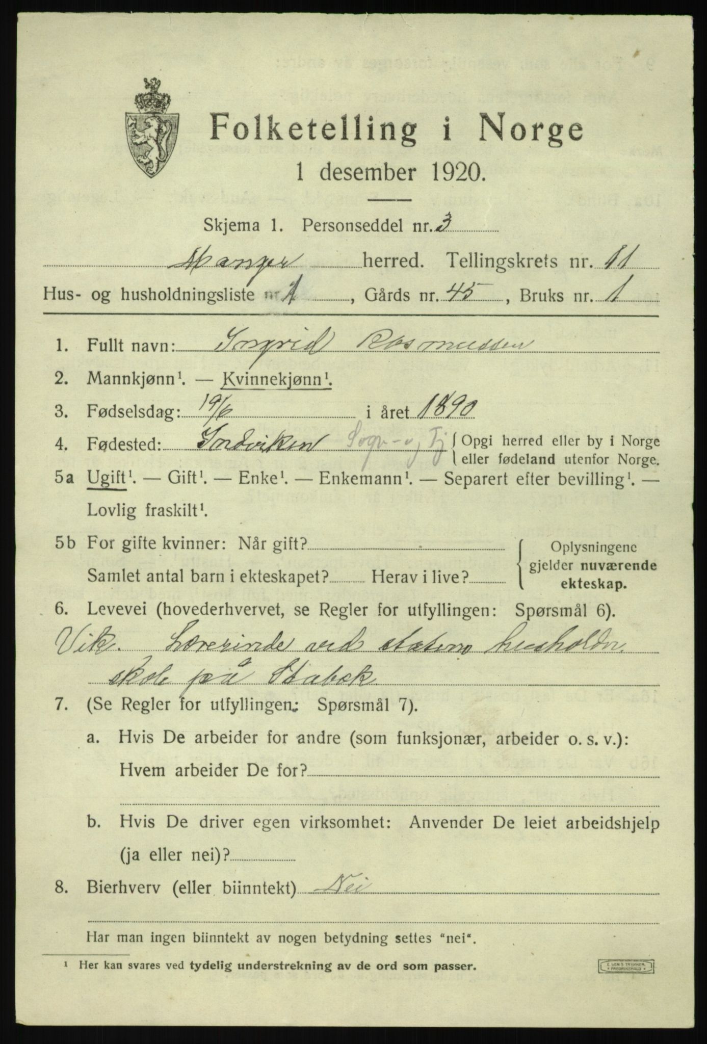 SAB, 1920 census for Manger, 1920, p. 6686