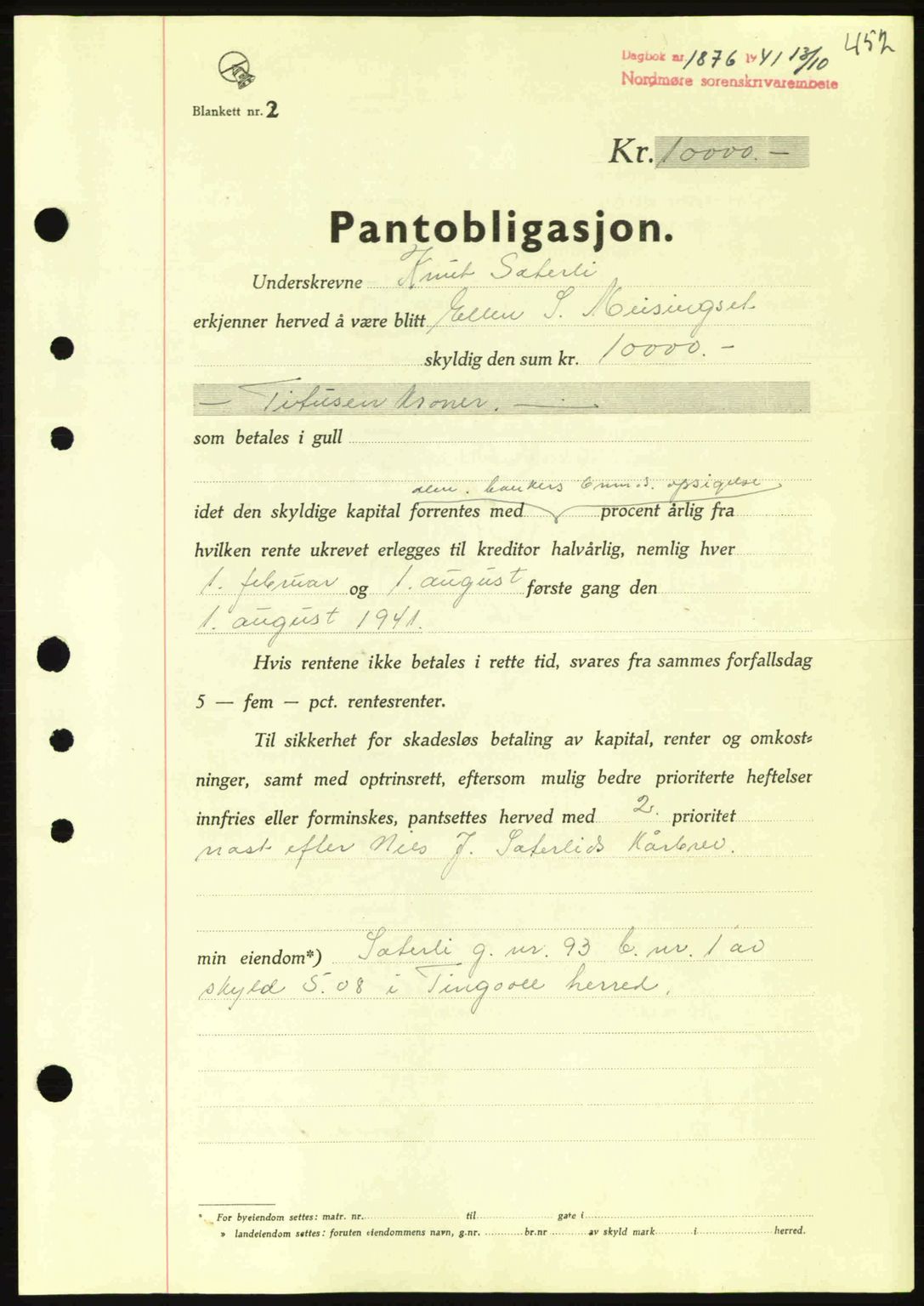 Nordmøre sorenskriveri, AV/SAT-A-4132/1/2/2Ca: Mortgage book no. B88, 1941-1942, Diary no: : 1876/1941