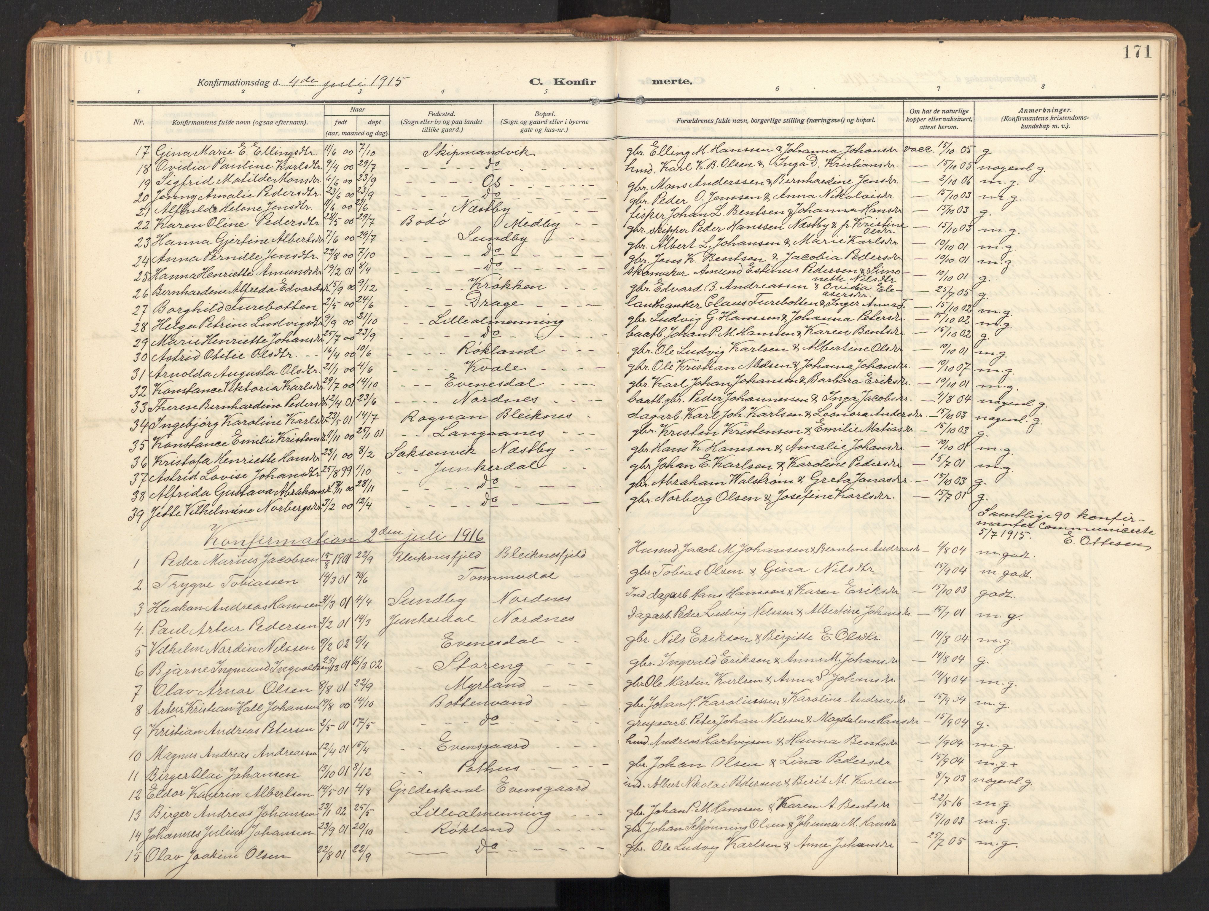 Ministerialprotokoller, klokkerbøker og fødselsregistre - Nordland, SAT/A-1459/847/L0683: Parish register (copy) no. 847C11, 1908-1929, p. 171